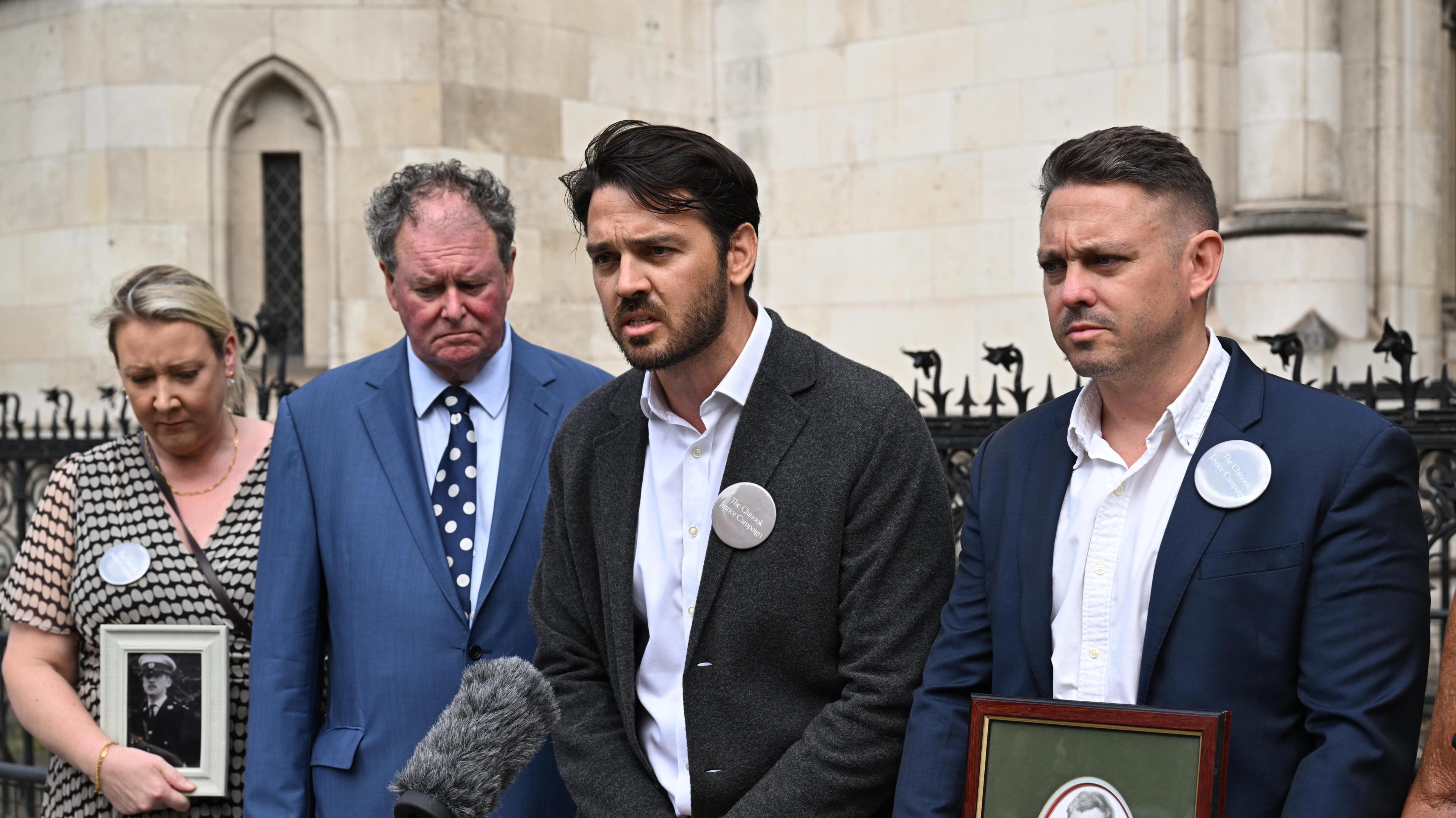 Andy Tobias speaking as families from the Chinook Justice Campaign outside the Royal Courts of Justice, central London, ahead of a hearing which will determine whether the families can proceed with a Judicial Review. The families of the victims are calling for a judge-led, public inquiry into the 1994 RAF Chinook helicopter disaster and for all the files - some of which have been sealed for 100 years - to be released. 