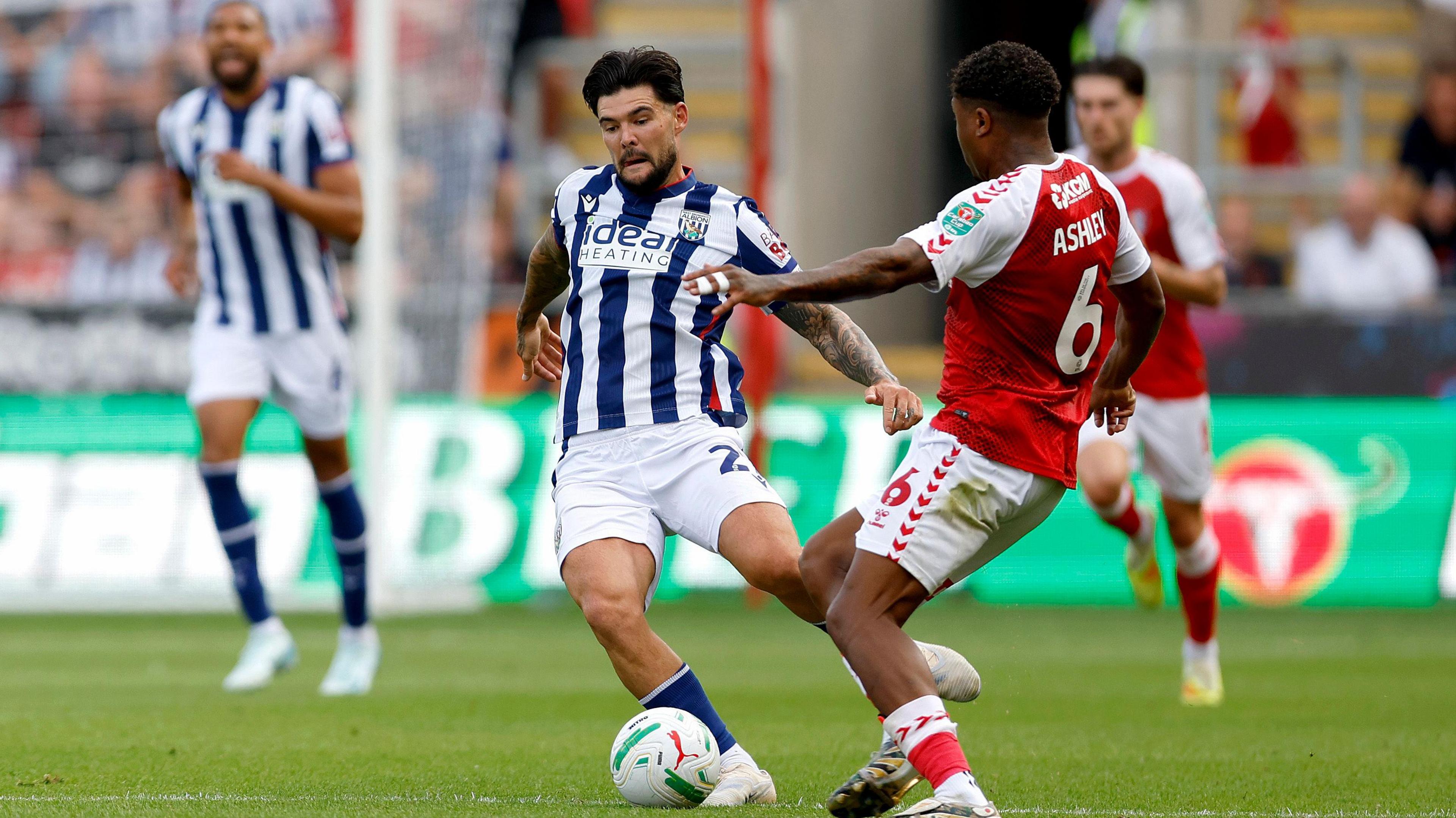 Albion midfielder Alex Mowatt challenges for the ball in their Carabao Cup tie at Rotherham last weekend.
