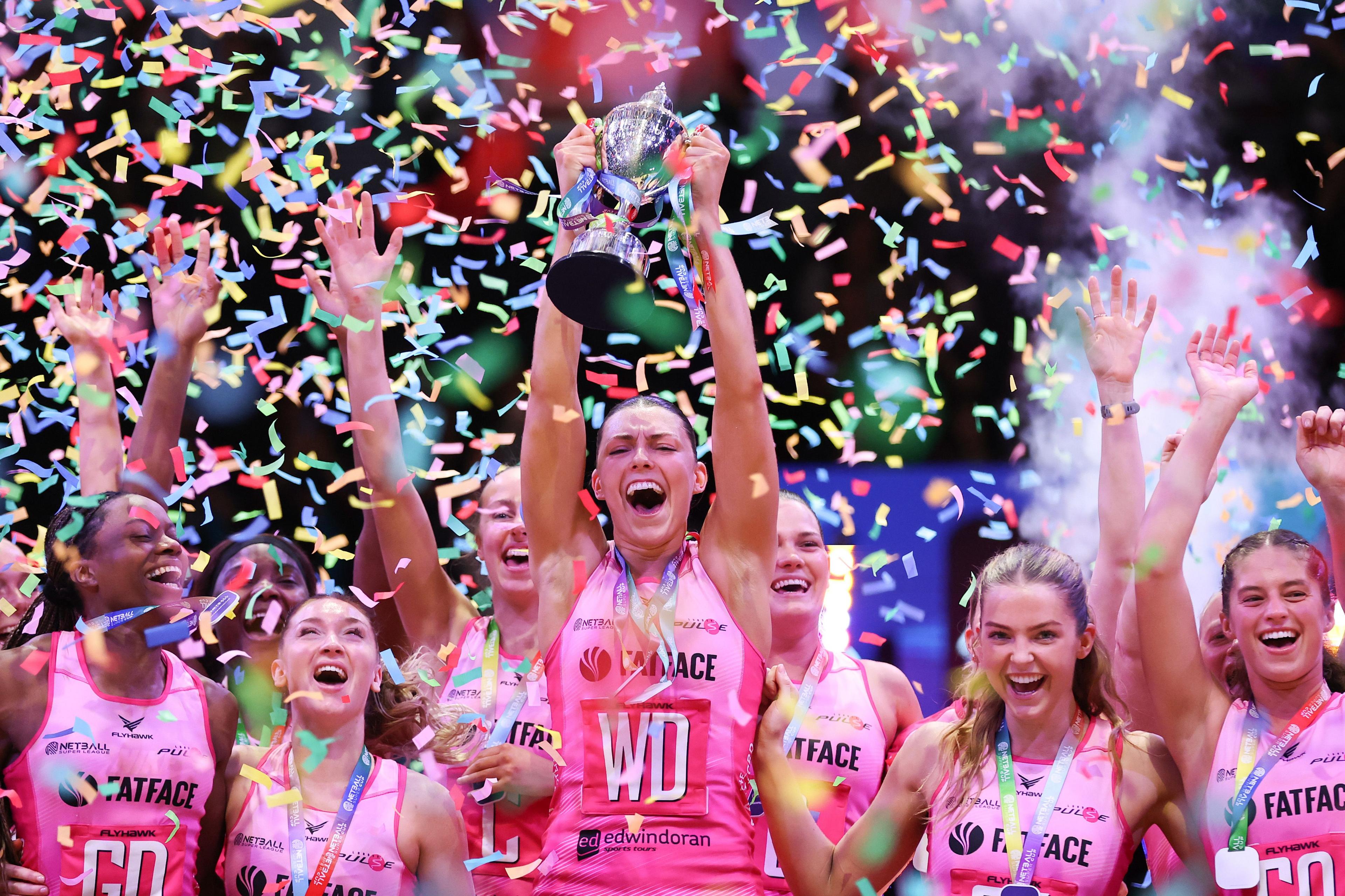 London Pulses Zara Everitt lifts the 2025 Netball Super Cup following victory in the 2025 Netball Super Cup final beating Leeds Rhinos at Utilita Arena Sheffield