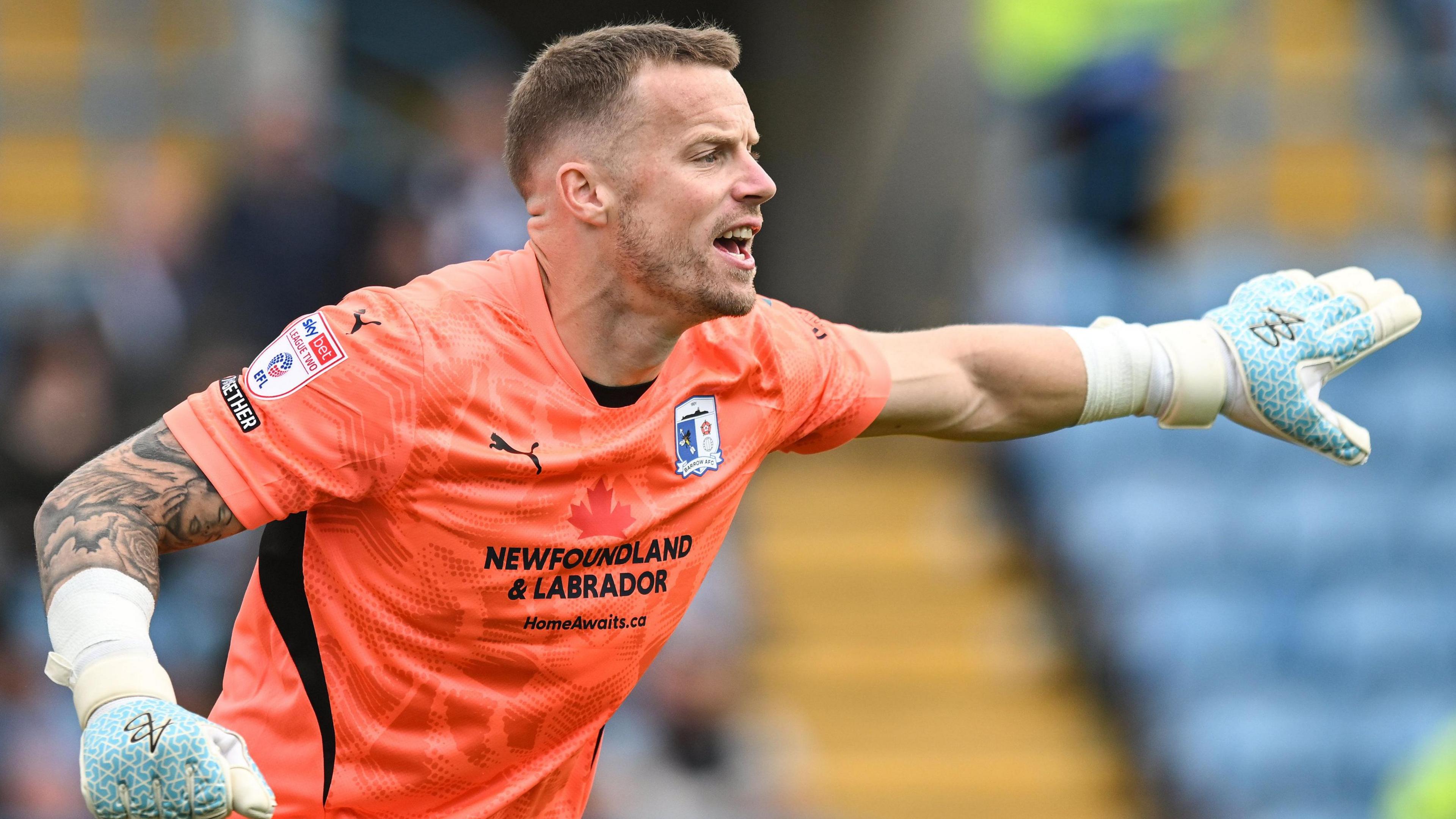 Goalkeeper Paul Farman shouting instructions during a Barrow match