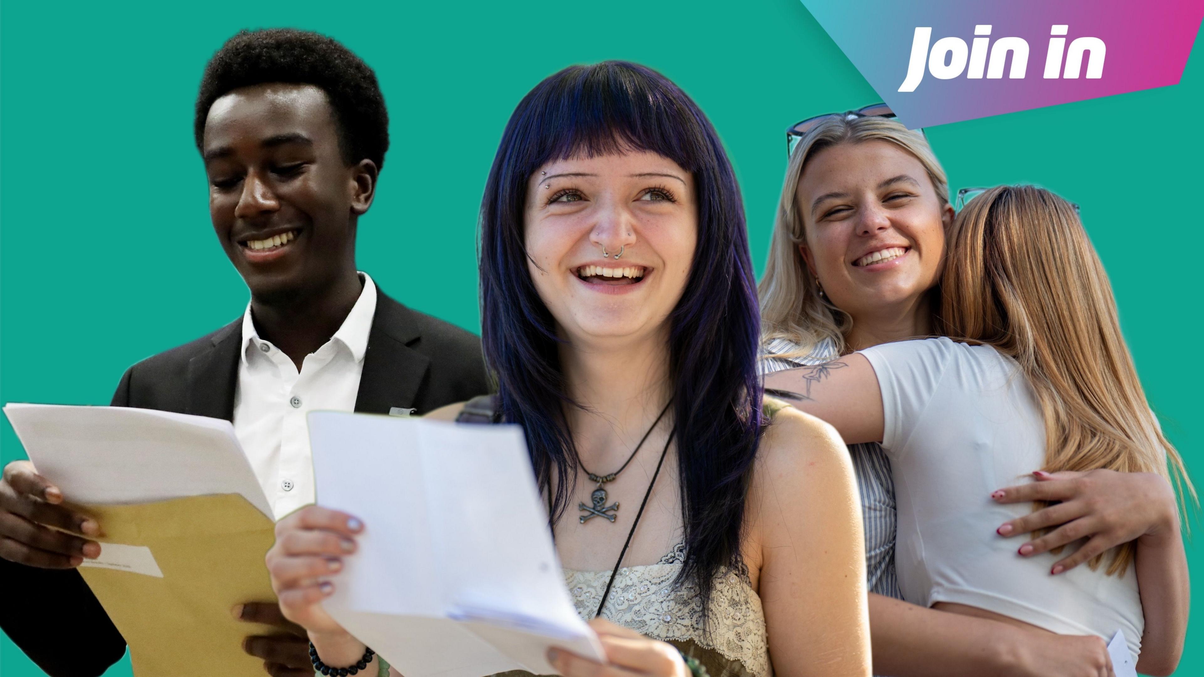 Young adults opening their results next to two girls hugging. in the top right is a newsround graphic encouraging people to 'join in' with the conversation.