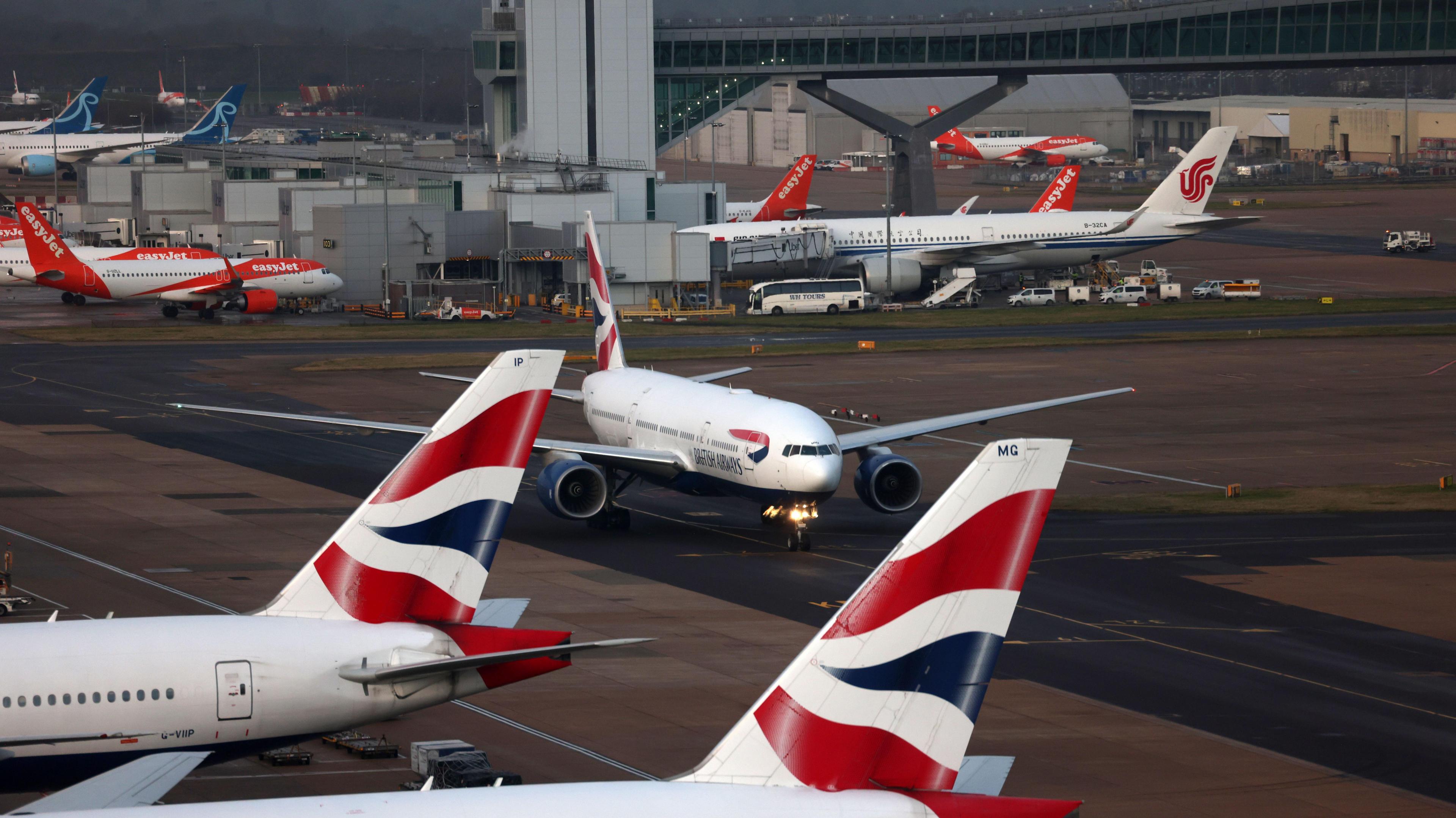 A shot of Heathrow Airport showing British Airways and EasyJet planes