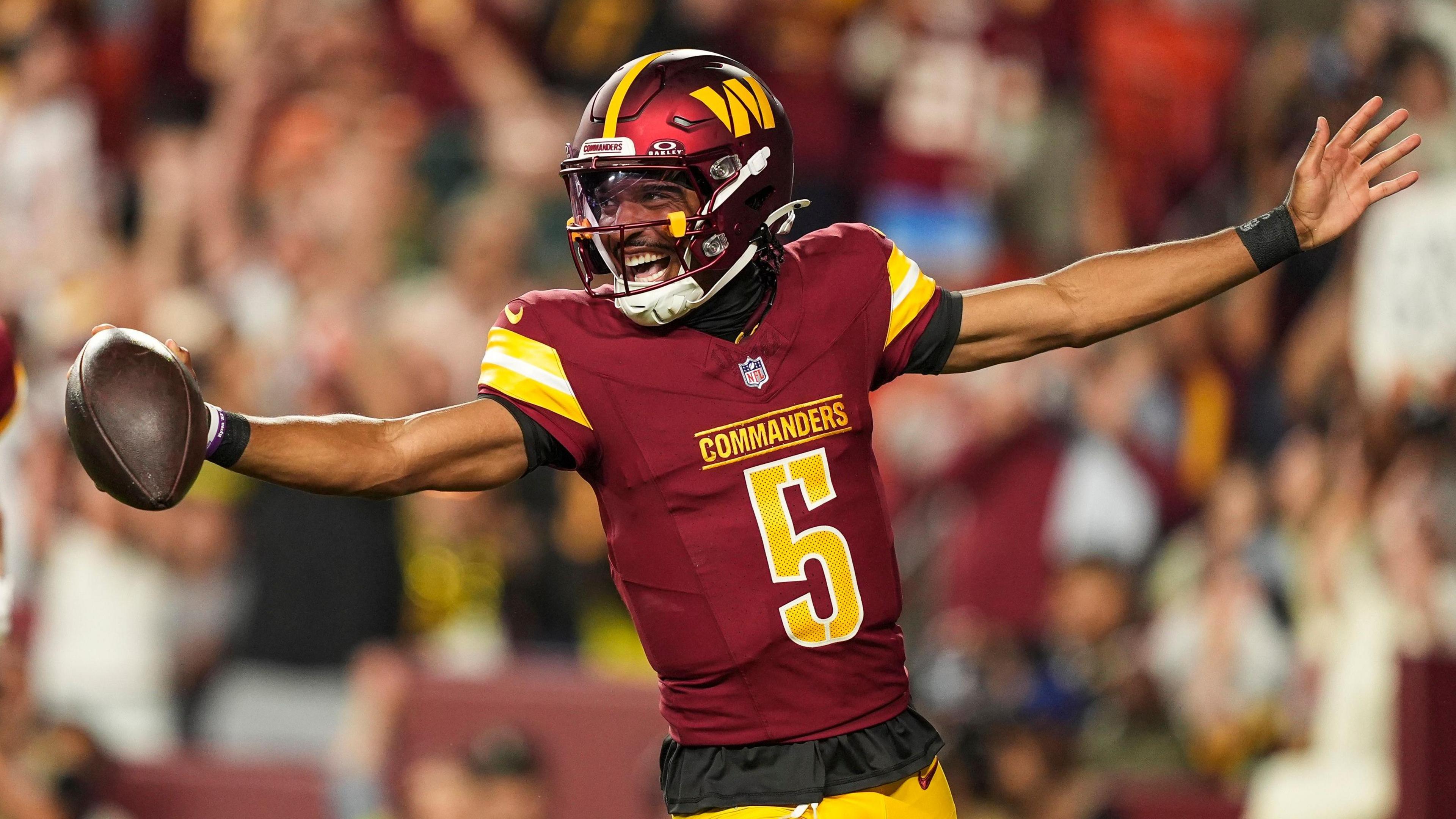 Jayden Daniels of the Washington Commanders celebrates during the 2024 NFL Season