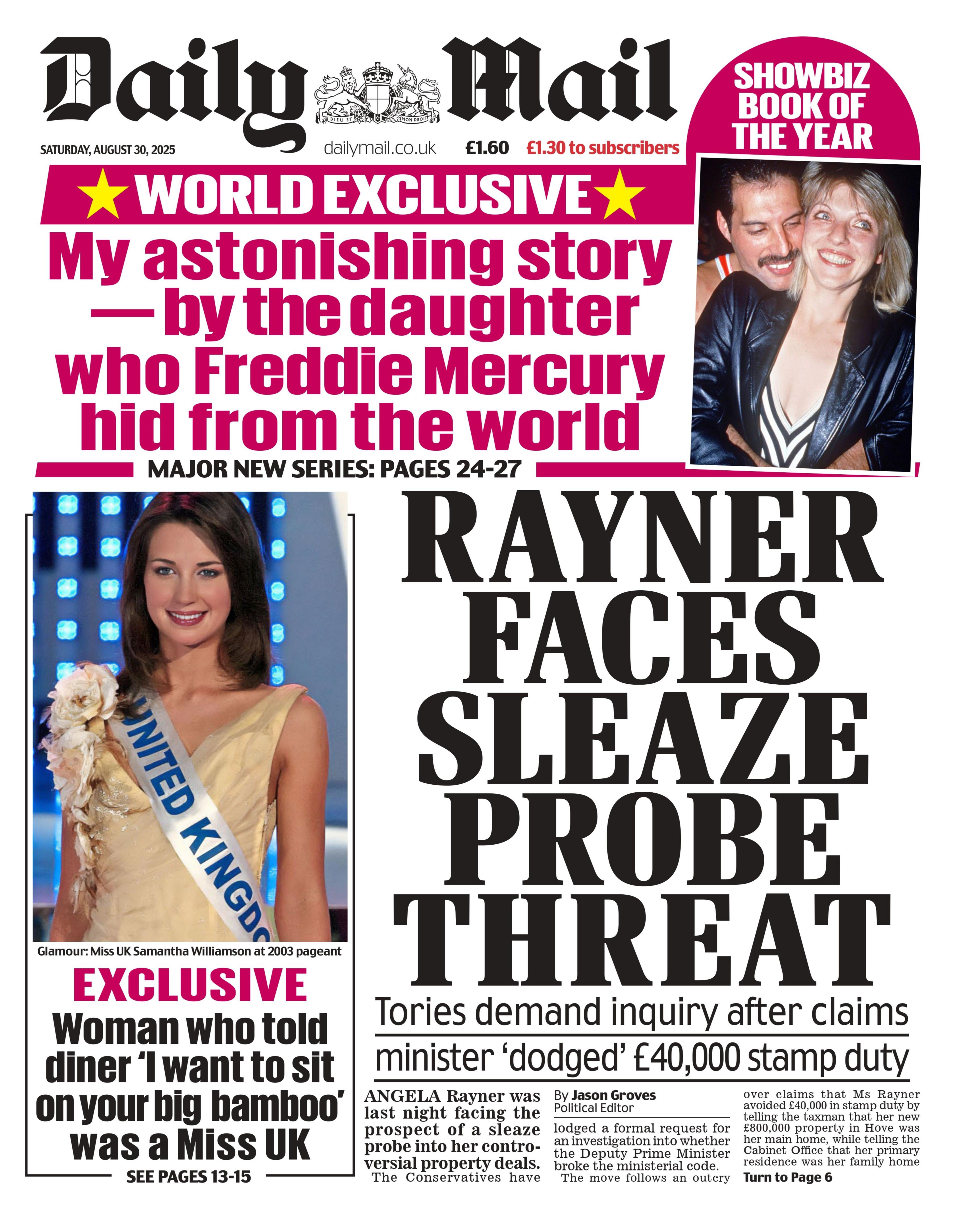 The headline on the front page of the Daily Telegraph reads: "Rayner faces sleaze probe threat".