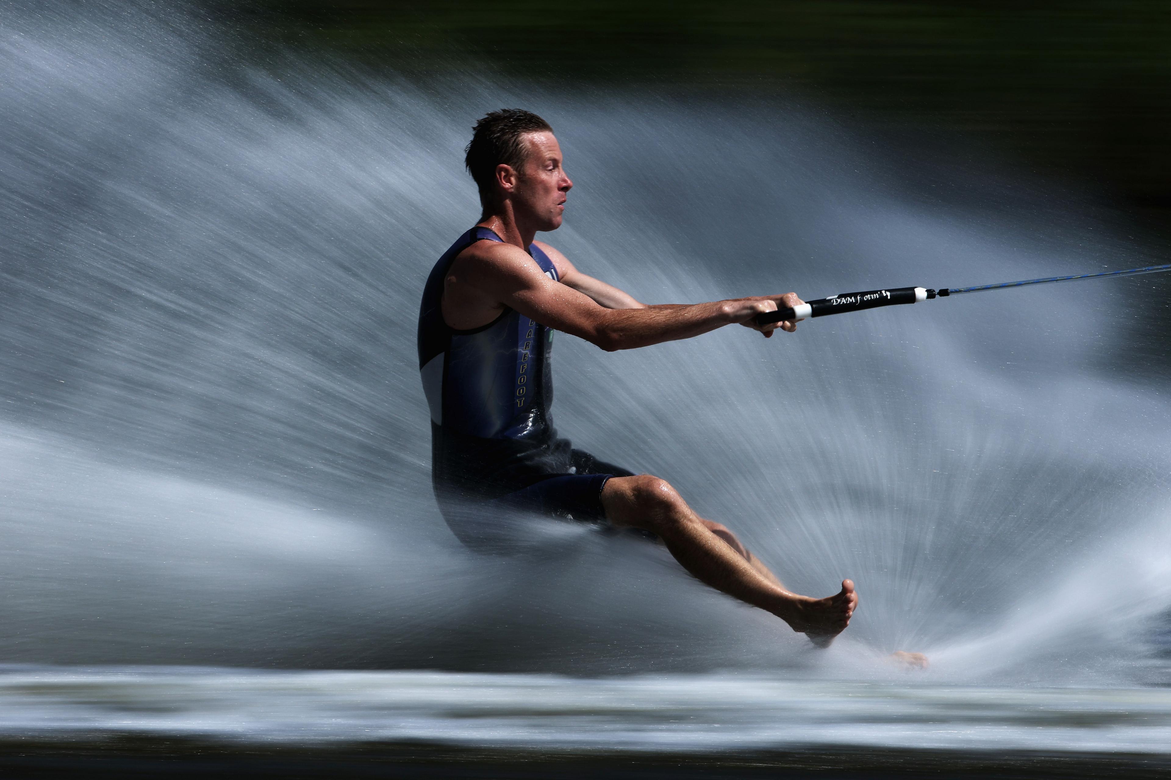 Mark Jefferay competes in the Slalom competition during the NSW Barefoot Water Ski Tournament in Sydney