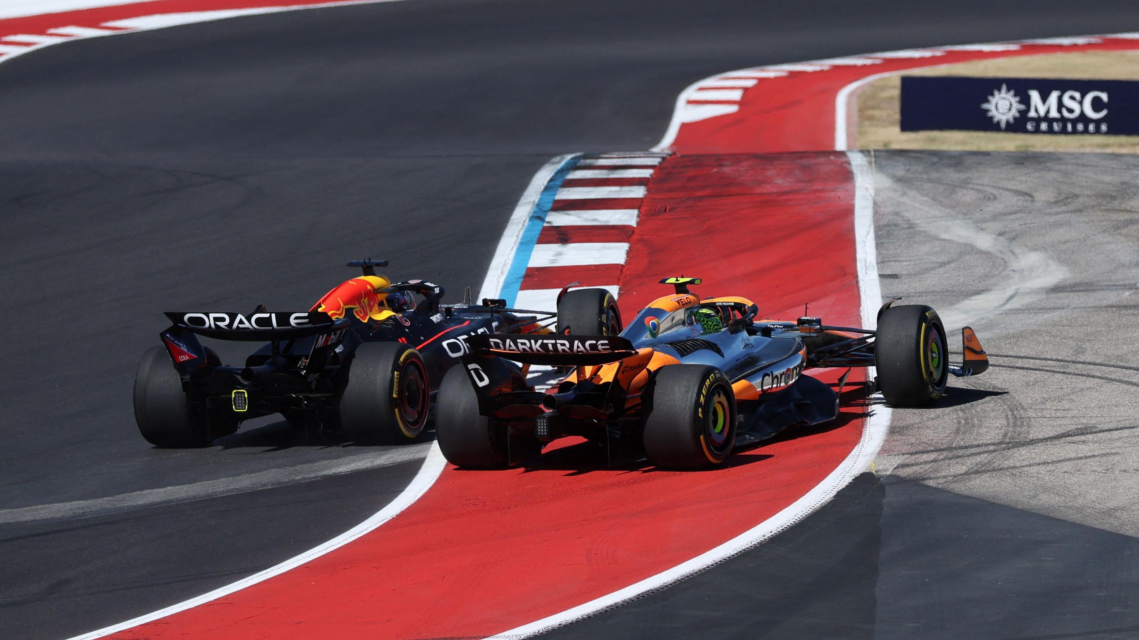 Max Verstappen and Lando Norris go off the track at the United States Grand Prix