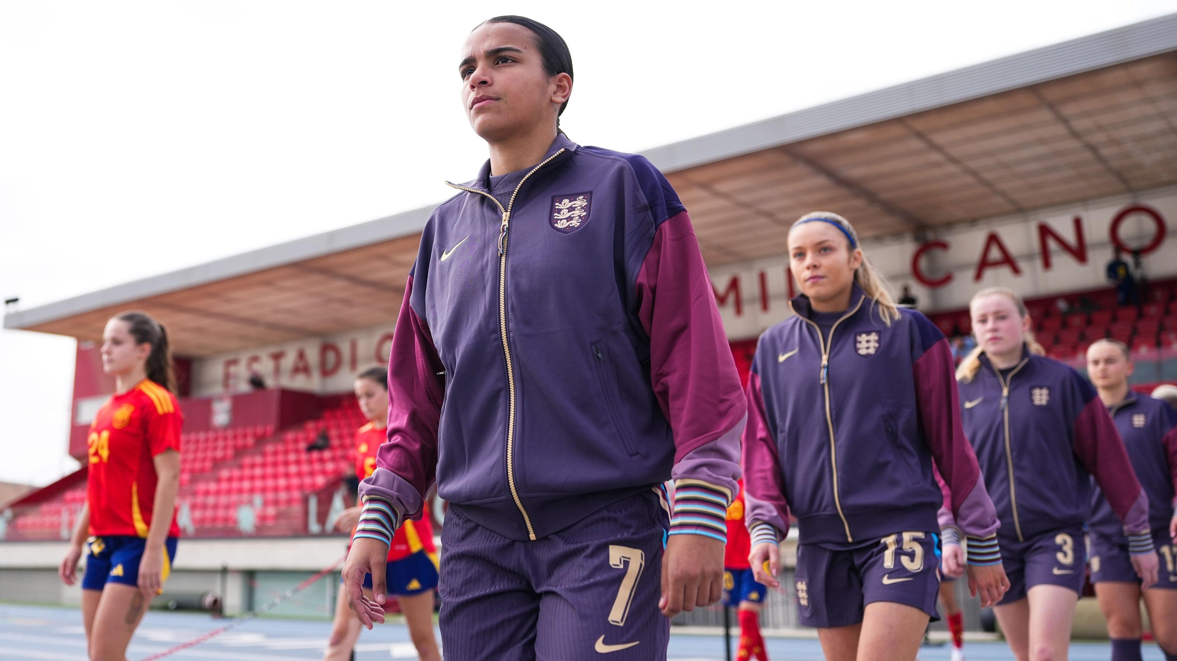 England's Ava Baker walks out for an under-19 international against Spain in Alicante in February 2025.