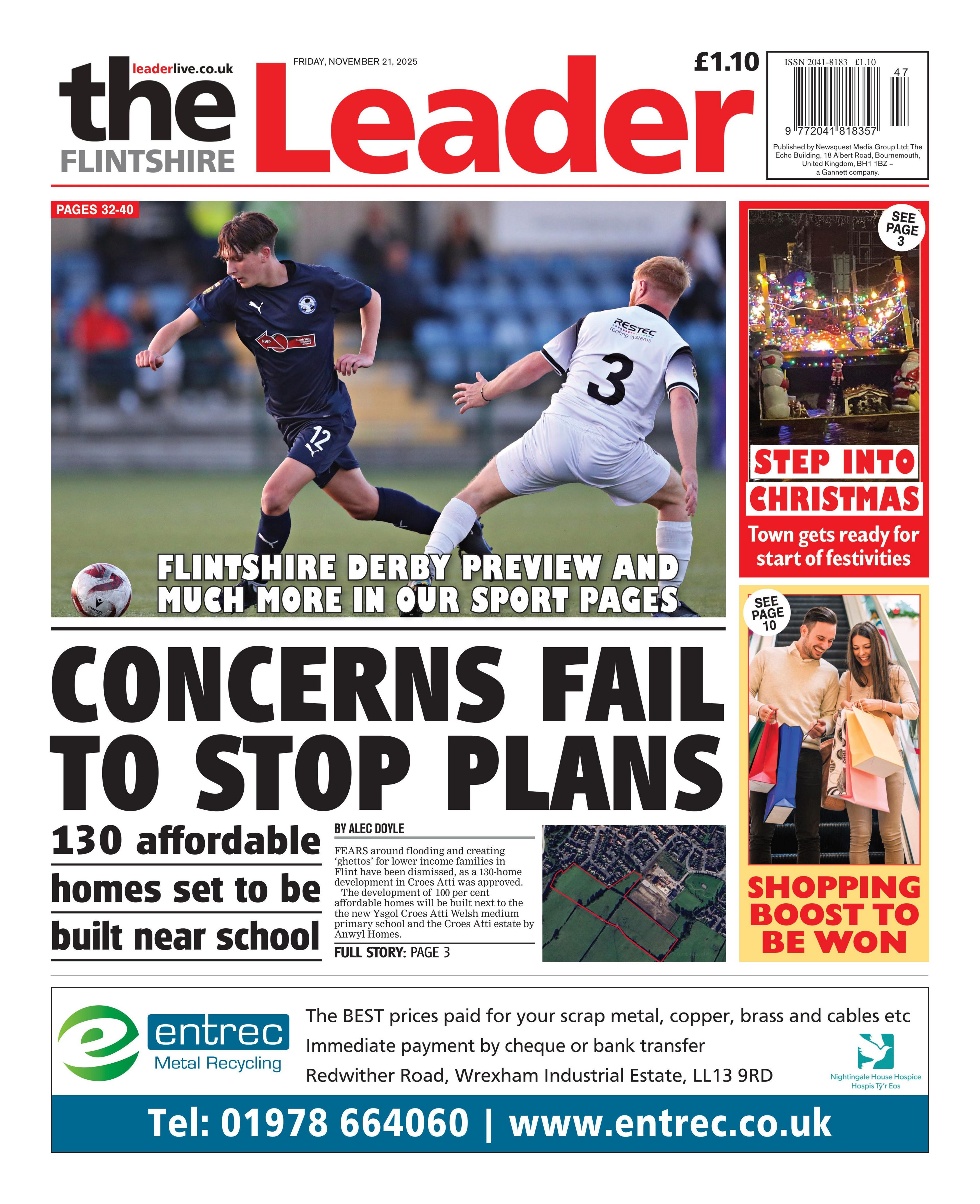 Front page of The Flintshire Leader. At the top of the page is a Flintshire football player with the headline 'Flintshire derby preview and much more in our sport pages'. Below is a large central headline which reads 'concerns fail to stop plans' with '130 affordable home set to be built near school' in a smaller bold text. In the left hand corner there is a photo of christmas lights with a text boxs that reads 'step into christmas' with smaller text below reading 'town gets ready for start of festivities'.
