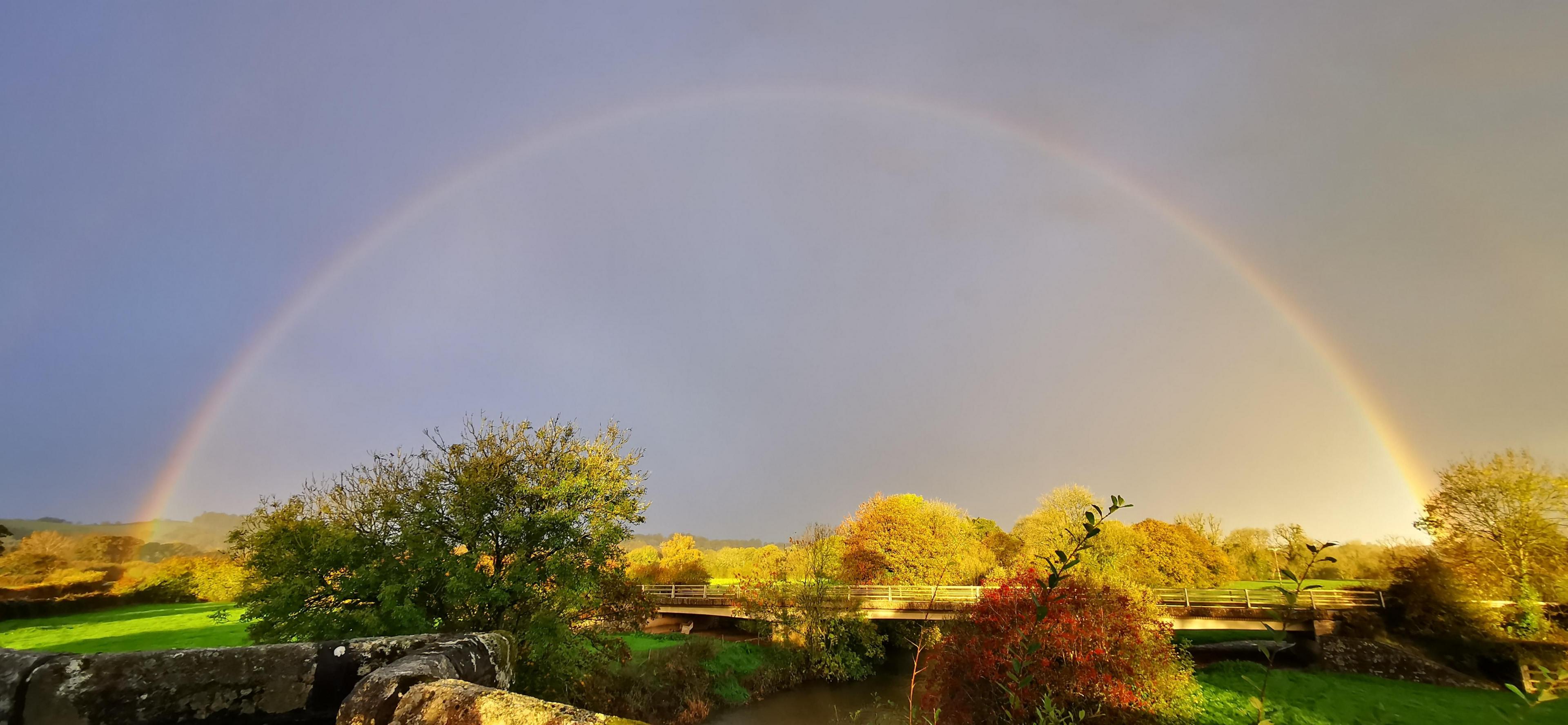A rainbow semi-circle. The sky is filled with grey cloud. The right side is lit up by sunlight. There are trees in the foreground and background. 