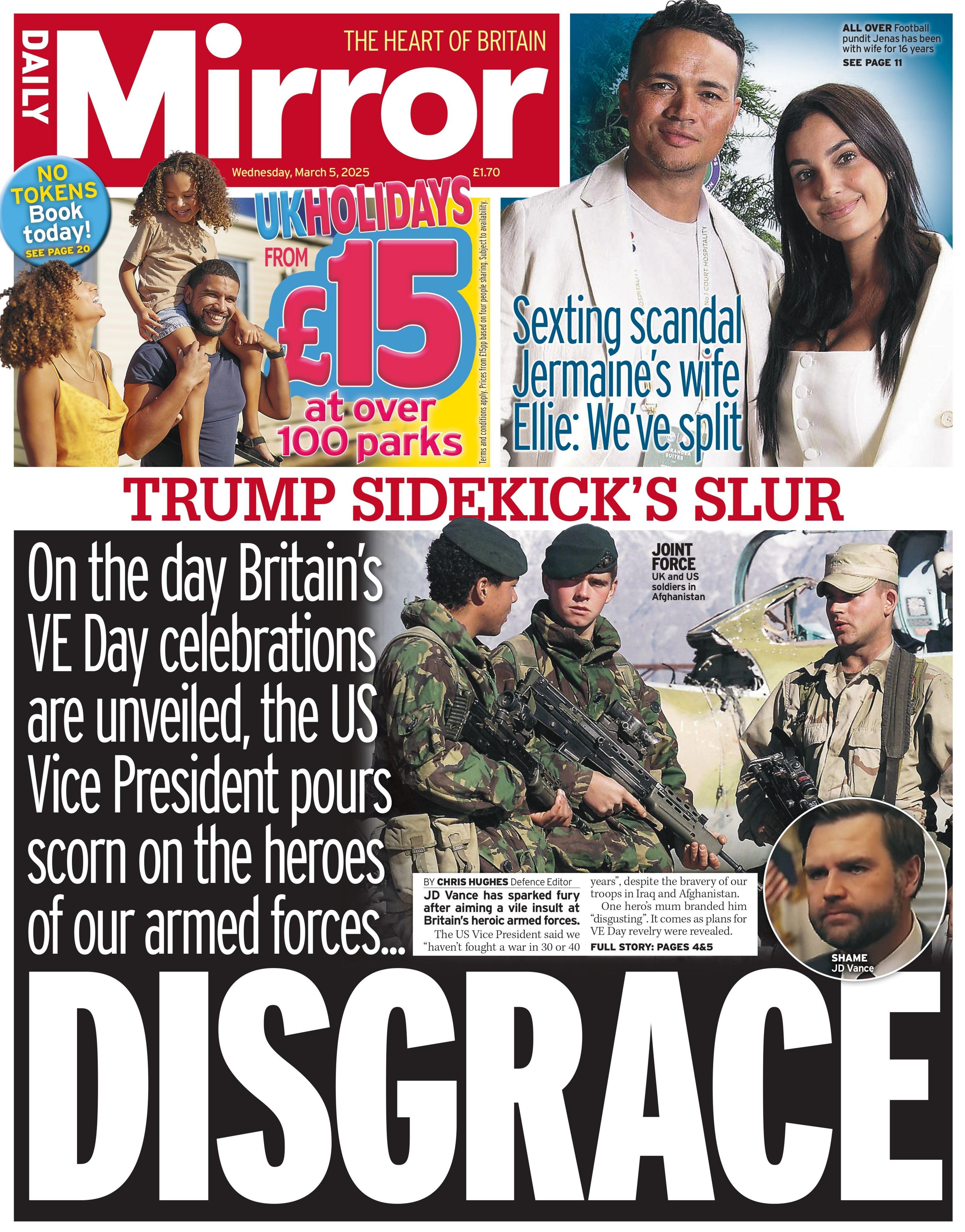 The headline on the front page of the Daily Mirror reads: "Disgrace."