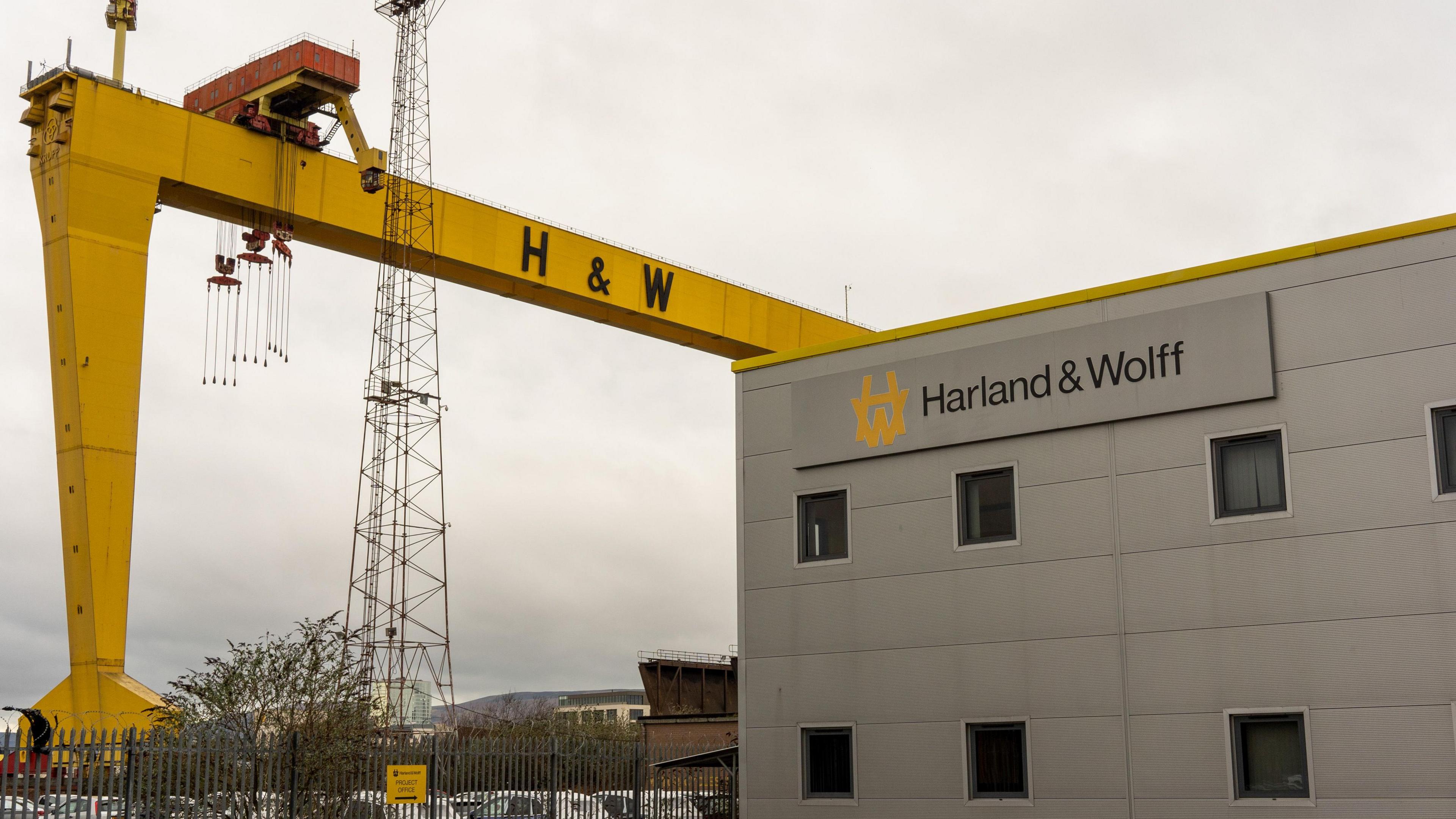 One of the iconic Harland & Wolff Samson and Goliath yellow gantry cranes near the entrance to the Harland & Wolff Group Holdings Plc shipyard in Belfast.