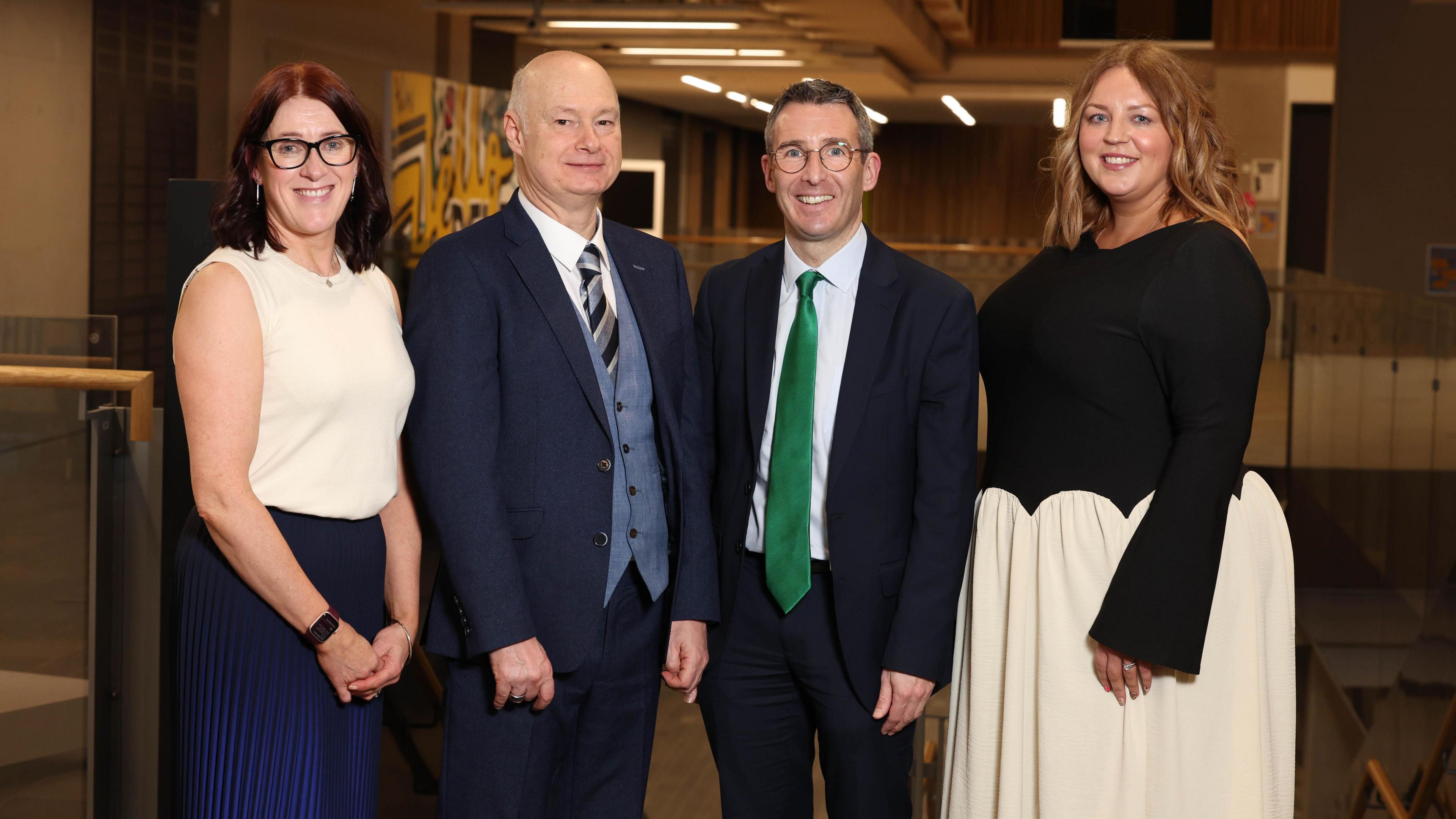 (L-R): Dr Susan Hawthorne, Course Director Advancing Animal Healthcare and Practice; Ulster University Vice Chancellor Professor Paul Bartholomew; DAERA Minister Andrew Muir, Bethan Phiney RVN, Course Director Veterinary Nursing. 