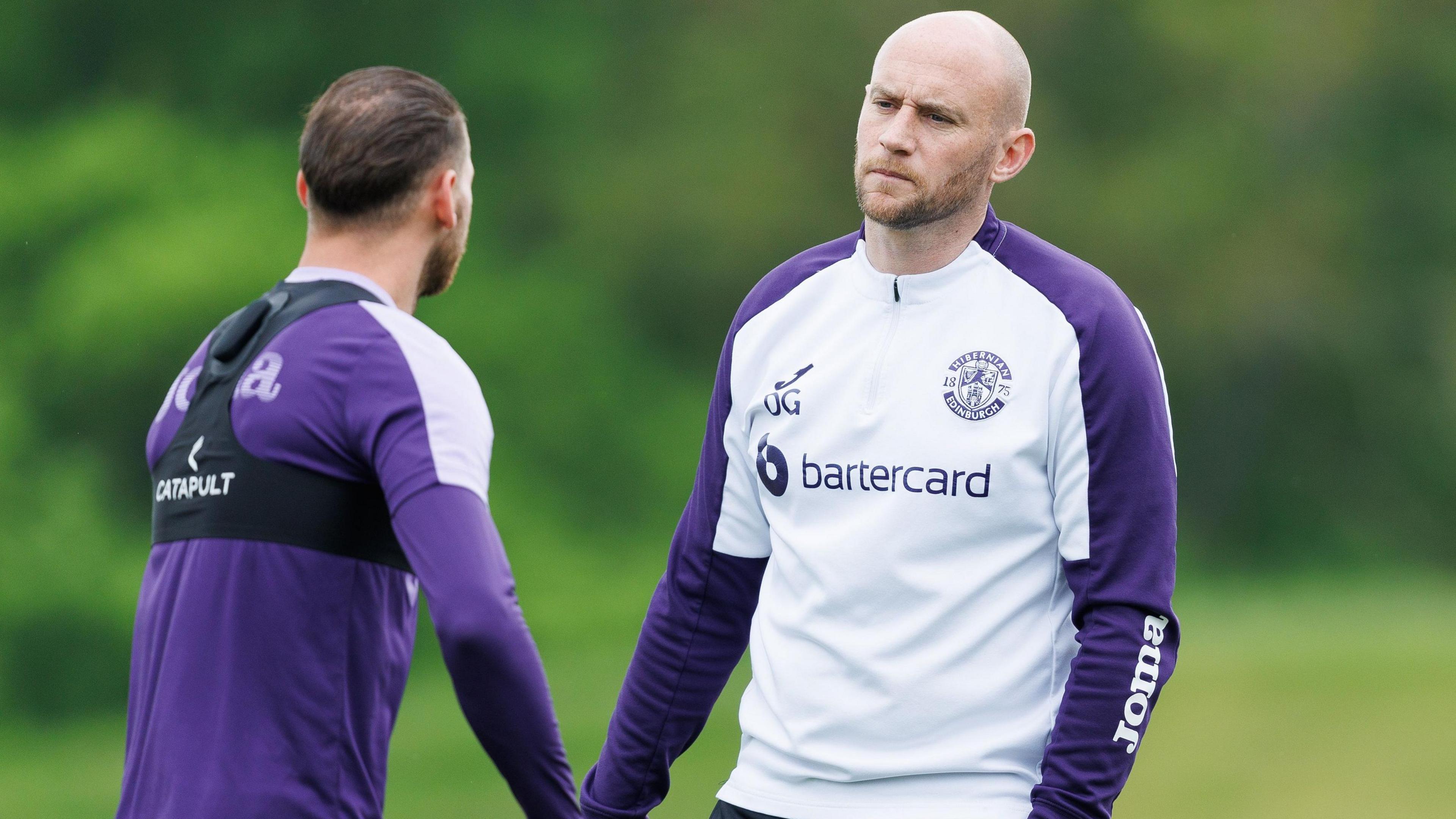 Hibernian coach David Gray (right) during training