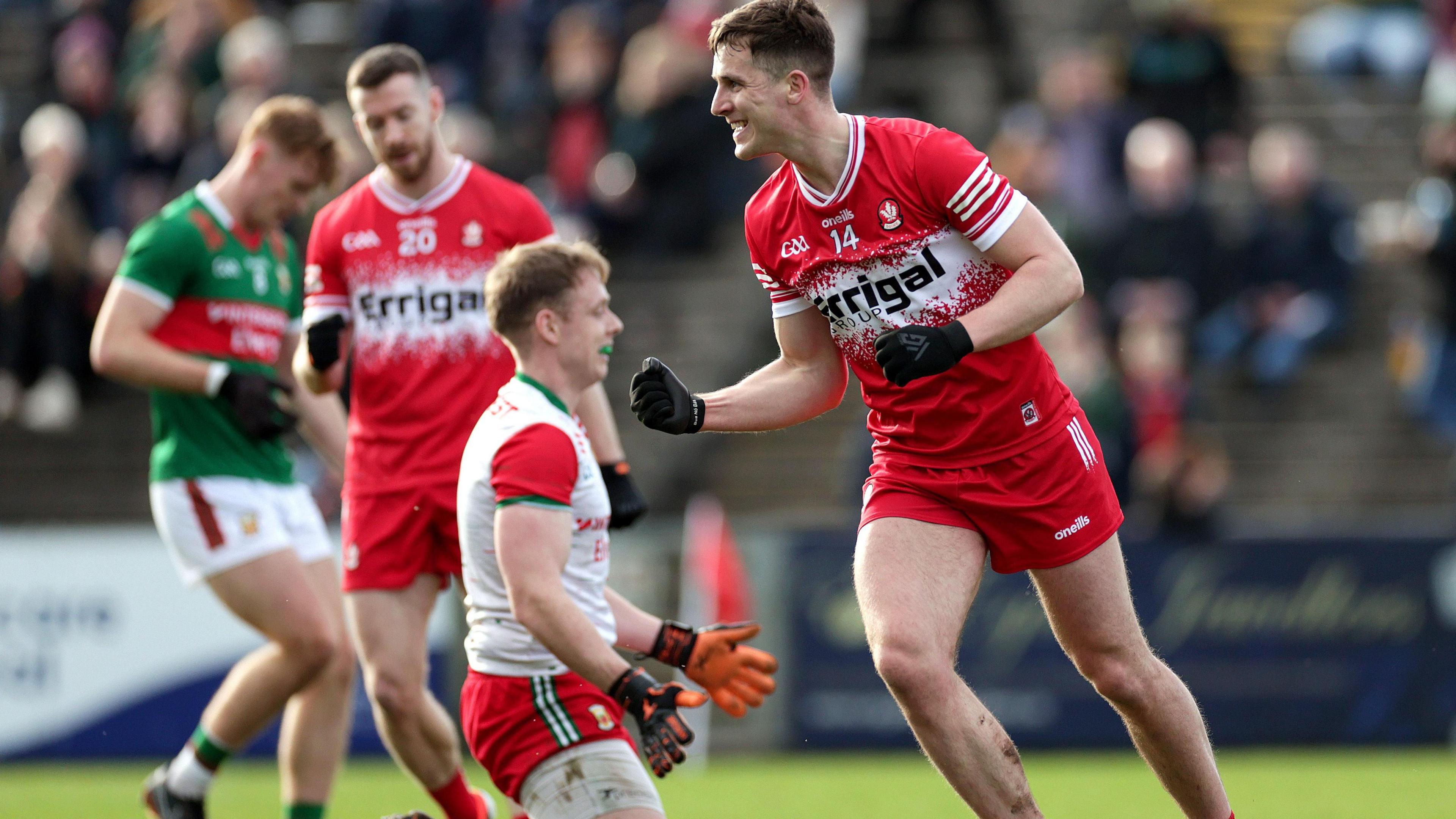 Shane McGuigan celebrates after scoring Derry's second goal in the thrilling Allianz League victory over Mayo in Castlebar on St Patrick's Day