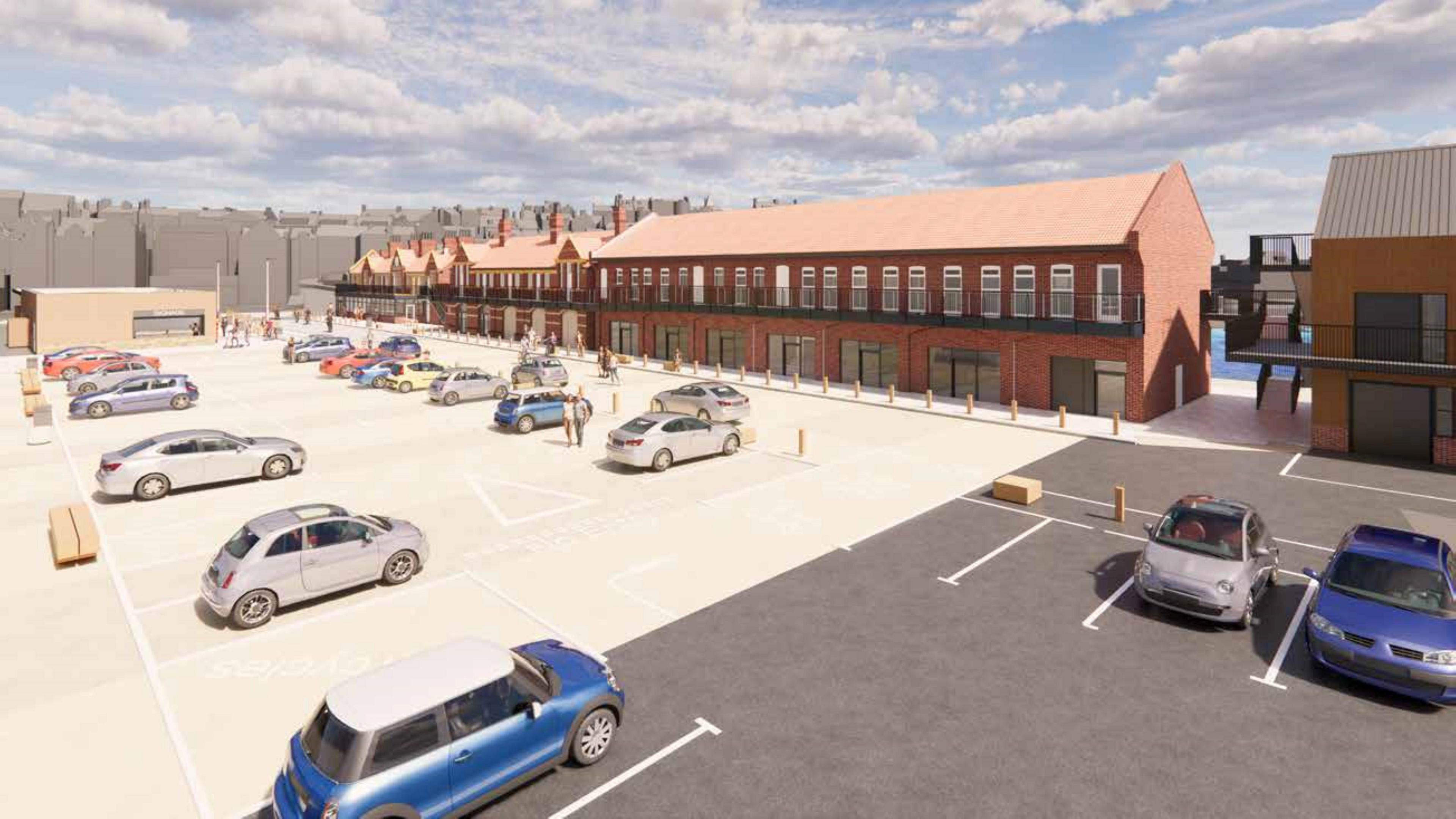 Artist's impression of how new parking facilities would look if approved. Image shows red-brick buildings on the right with a wide paved parking area to the left.