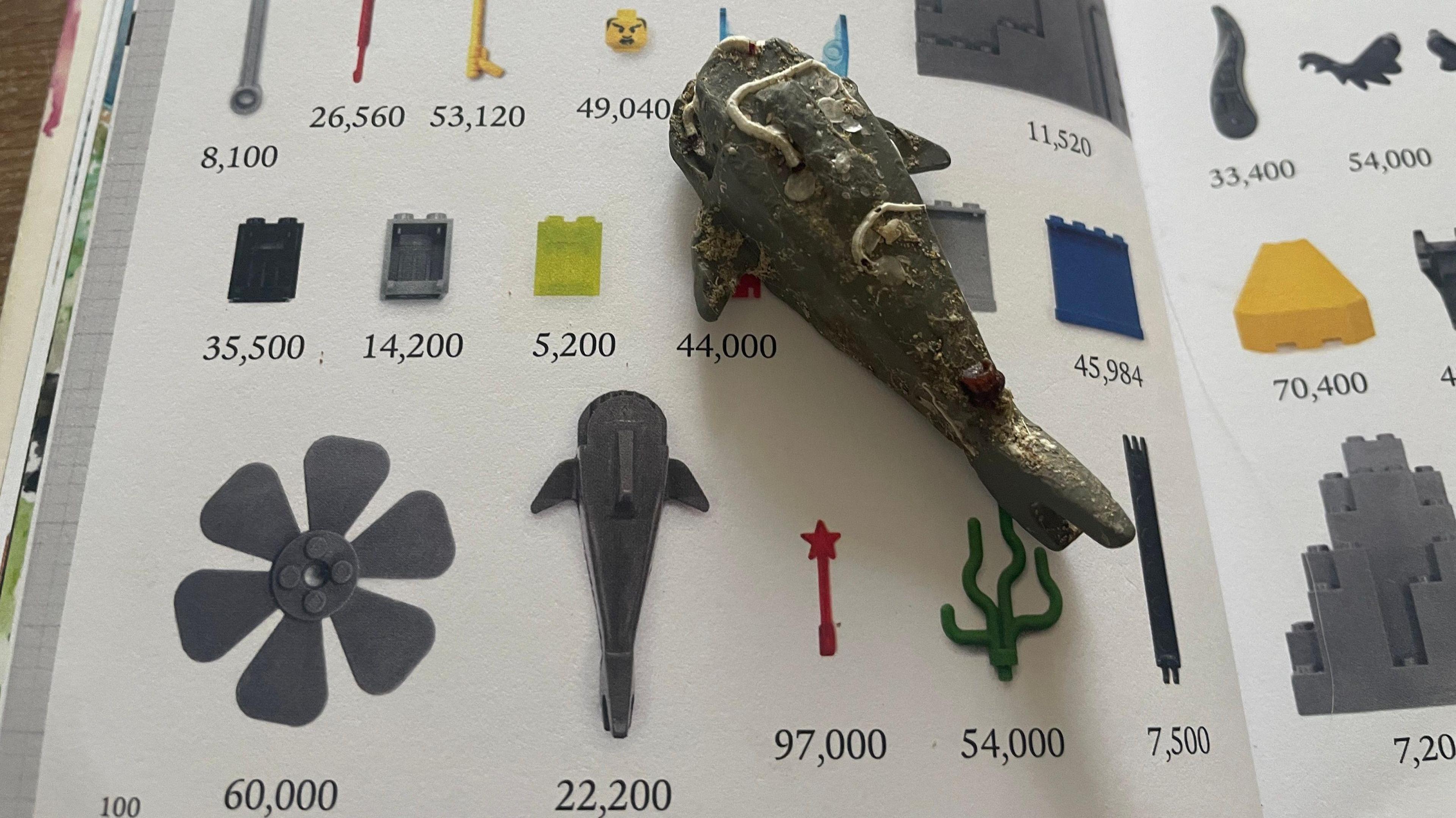 The grey Lego shark lying on a book which has illustrations of some of the lost pieces of Lego, together with numbers showing how many of the particular pieces were lost. Amongst the illustrations it states 22,200 grey sharks were lost along with 97,000 wands and 54,000 pieces of green seaweed.