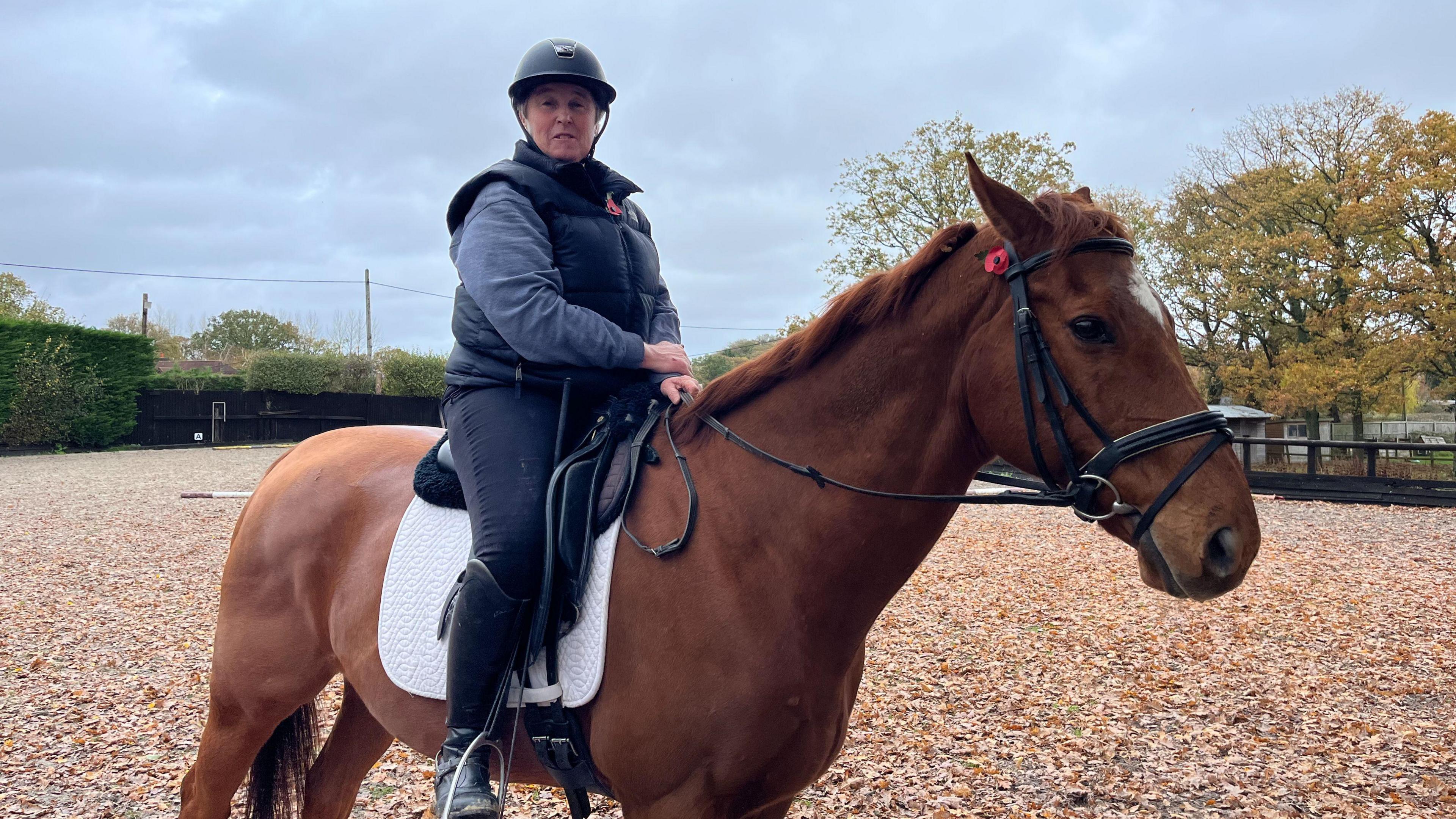 A woman wearing a riding helmet and dark-coloured gilet on a brown horse. The horse is in a large pen covered in brown, fallen leaves.