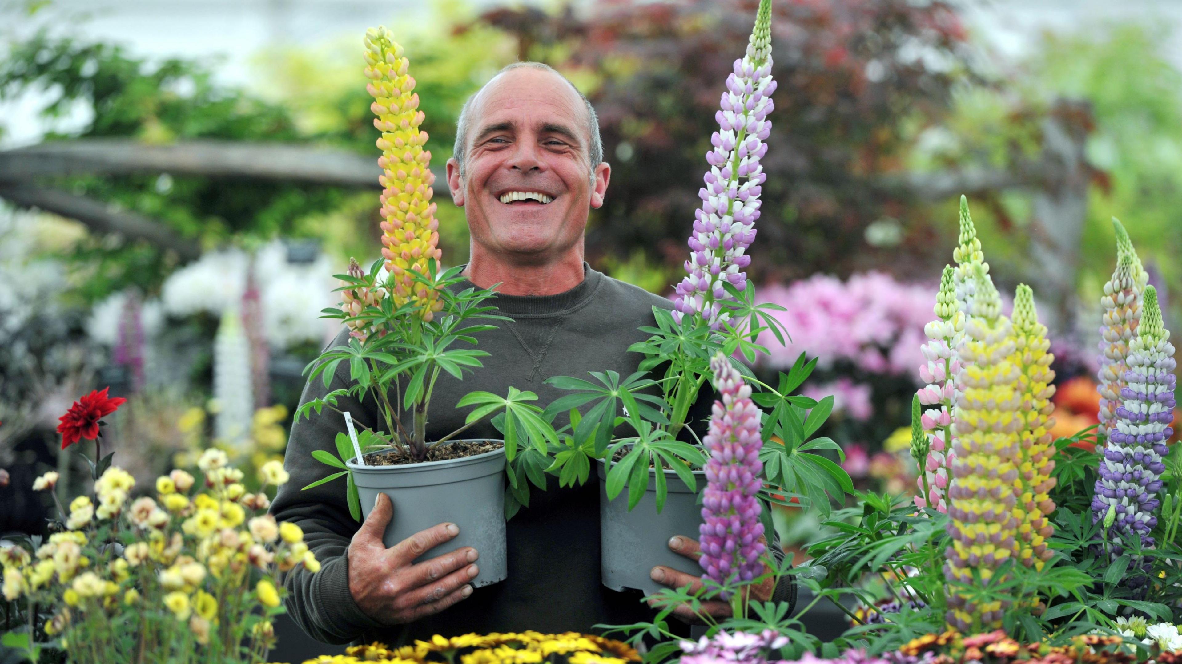 A man smiles as he holds up different plants in pots, while surrounded by more plants, at the Royal Horticultural Society Show at the Three Counties Showground