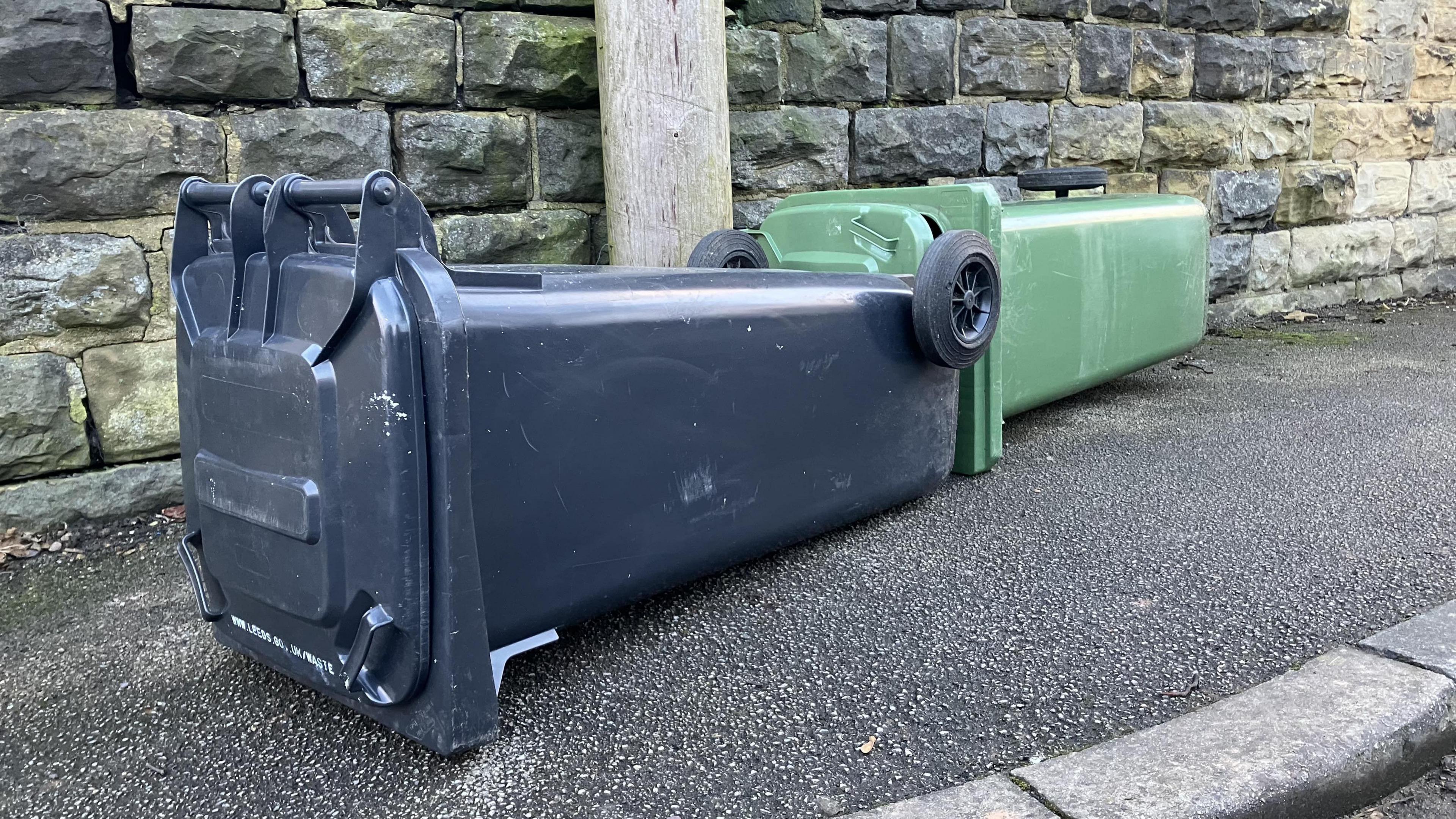 Two household waste bins lie on their sides on a pavement. One is green and the other black.