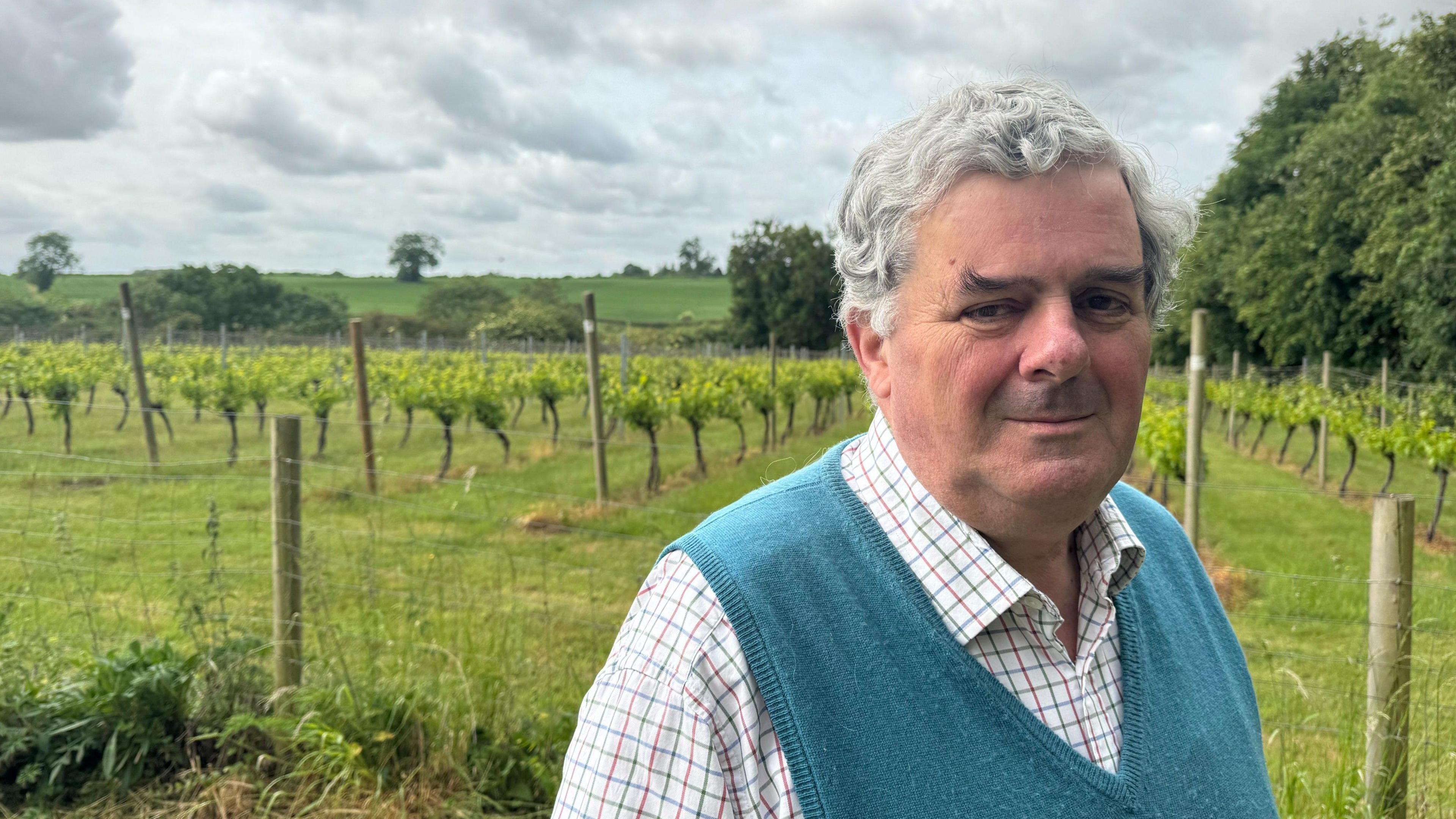A head and shoulders shot of a man in a shirt and v-necked cardigan standing in a vineyard.