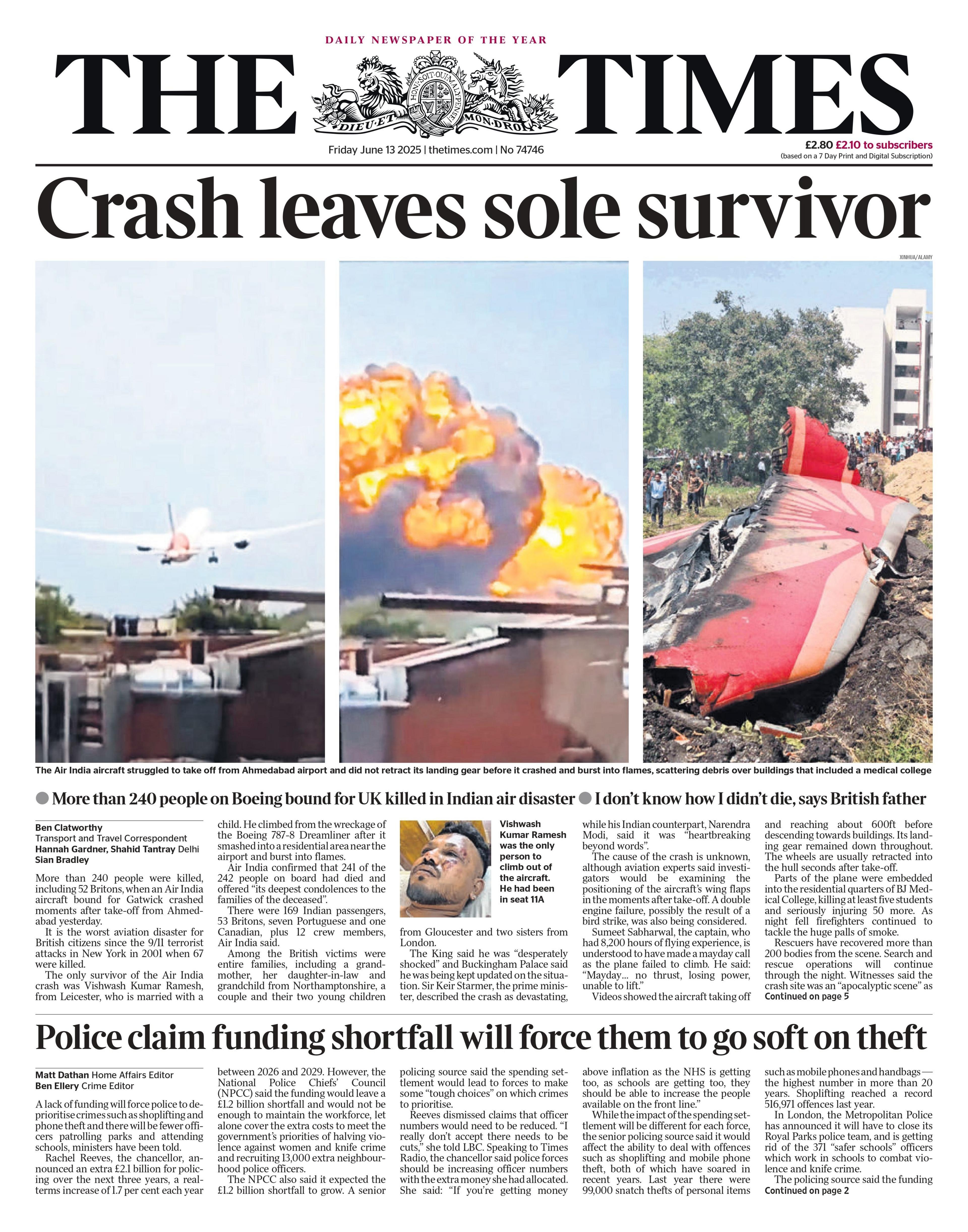 The headline on the front page of The Times reads: "Crash leaves sole survivor".