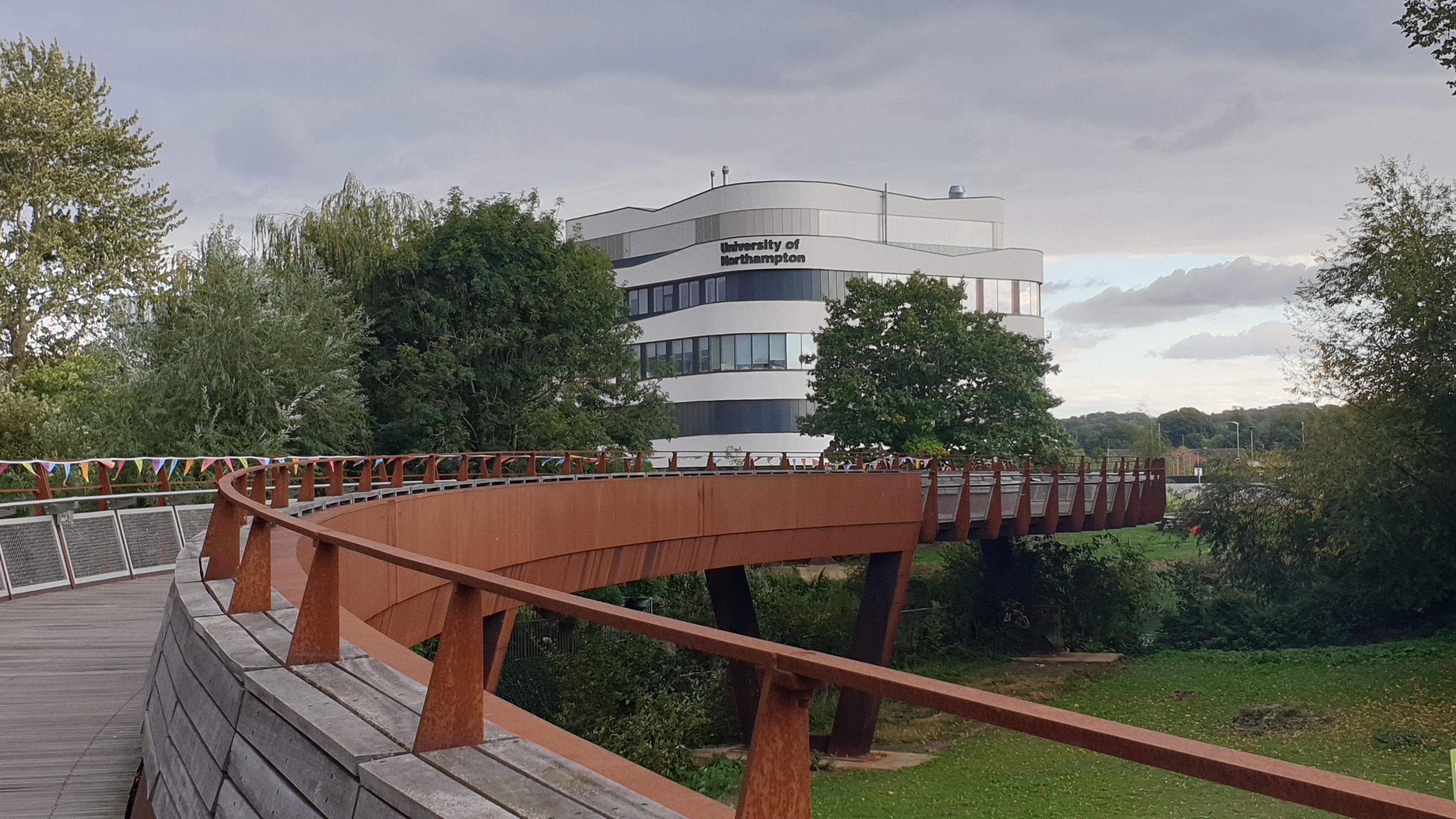 The view of the University of Northampton's Waterside campus from the footbridge