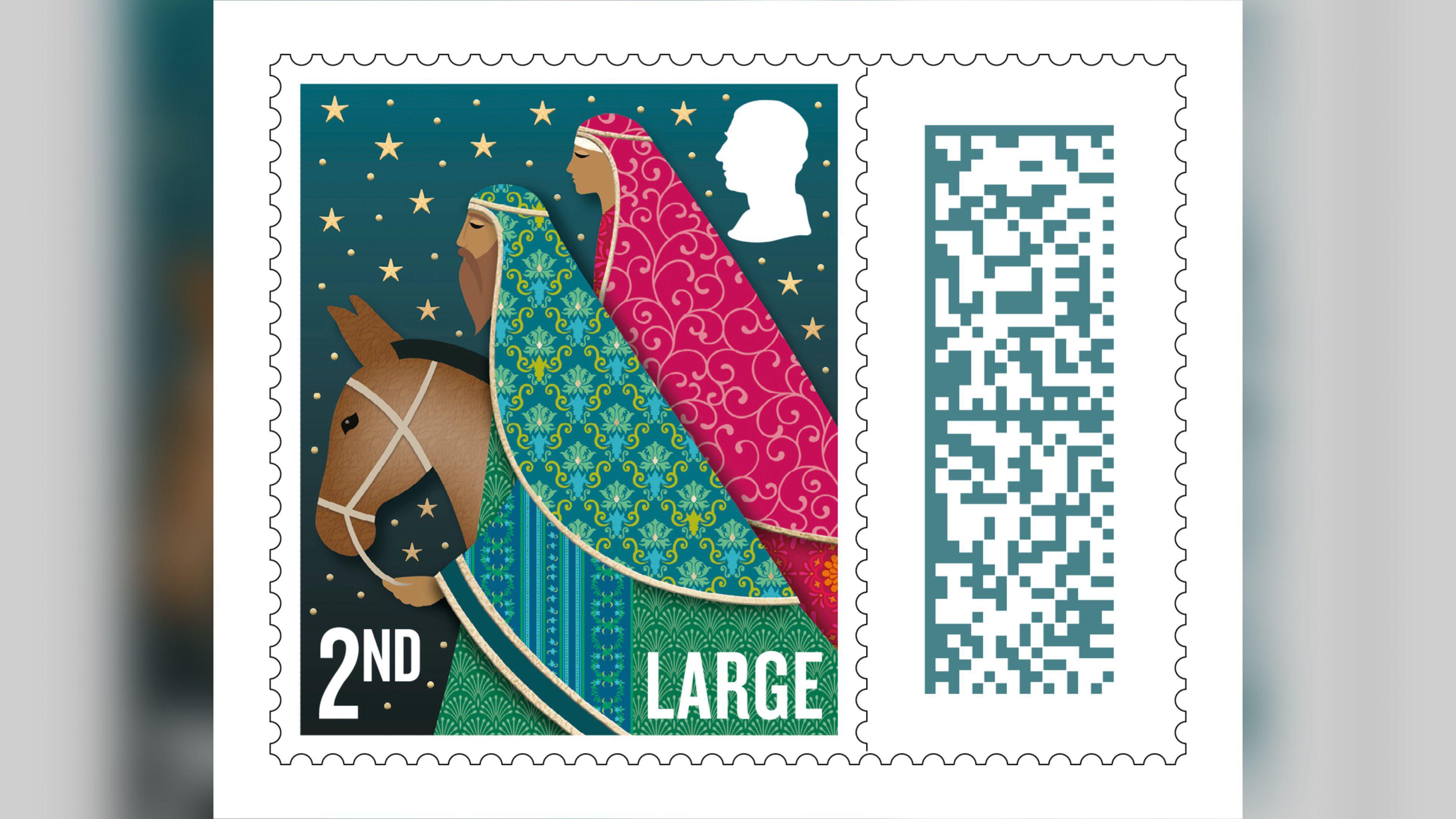 A second class stamp with a depiction of Mary and Joseph sat on a donkey. Joseph is wearing green, while Mary is in red. Behind them is a dark green sky with gold stars.