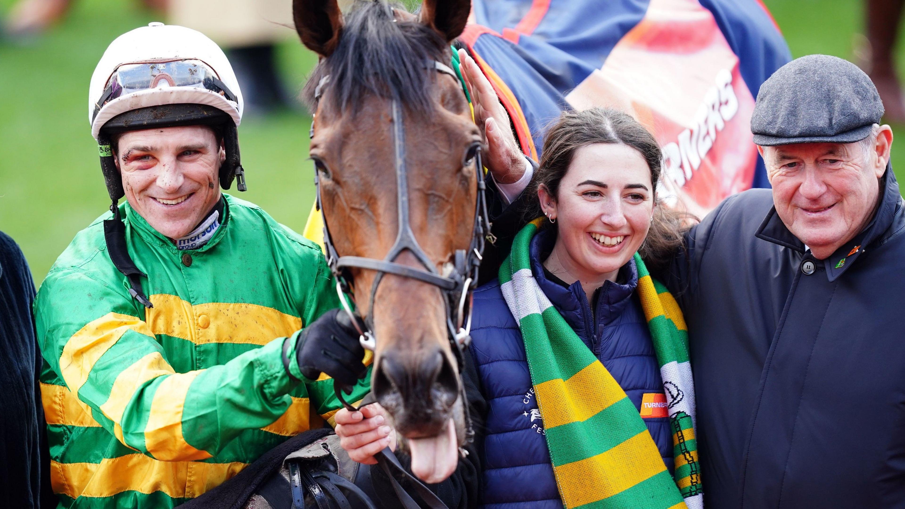 Jockey Harry Skelton with The New Lion and owner JP McManus