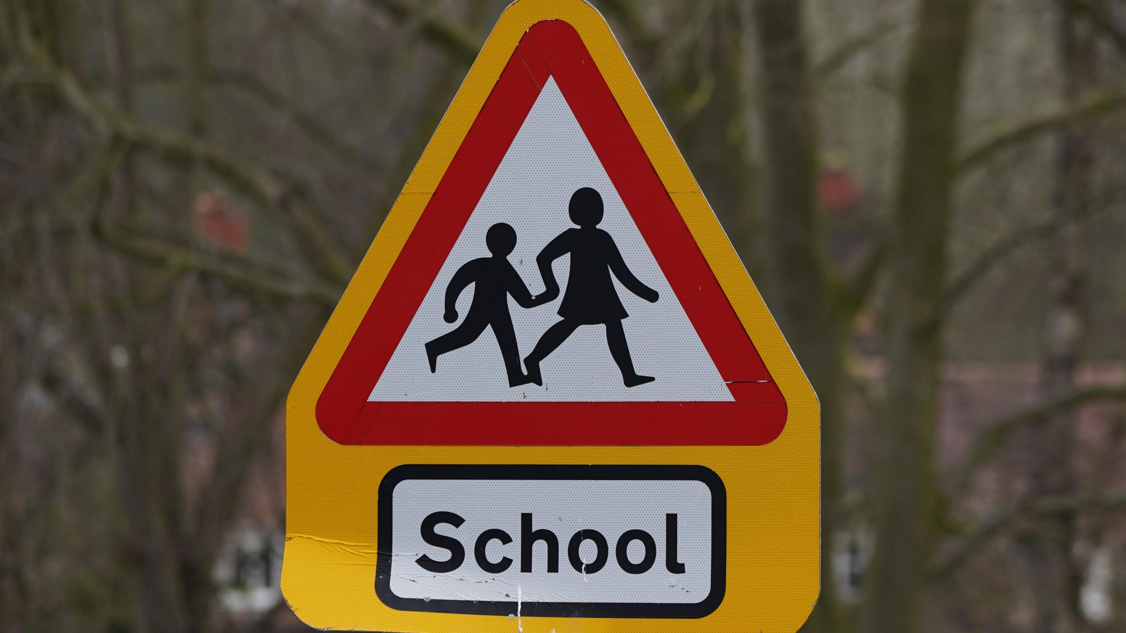 A yellow triangle 'children crossing' sign with 'School' below the sign in black text.