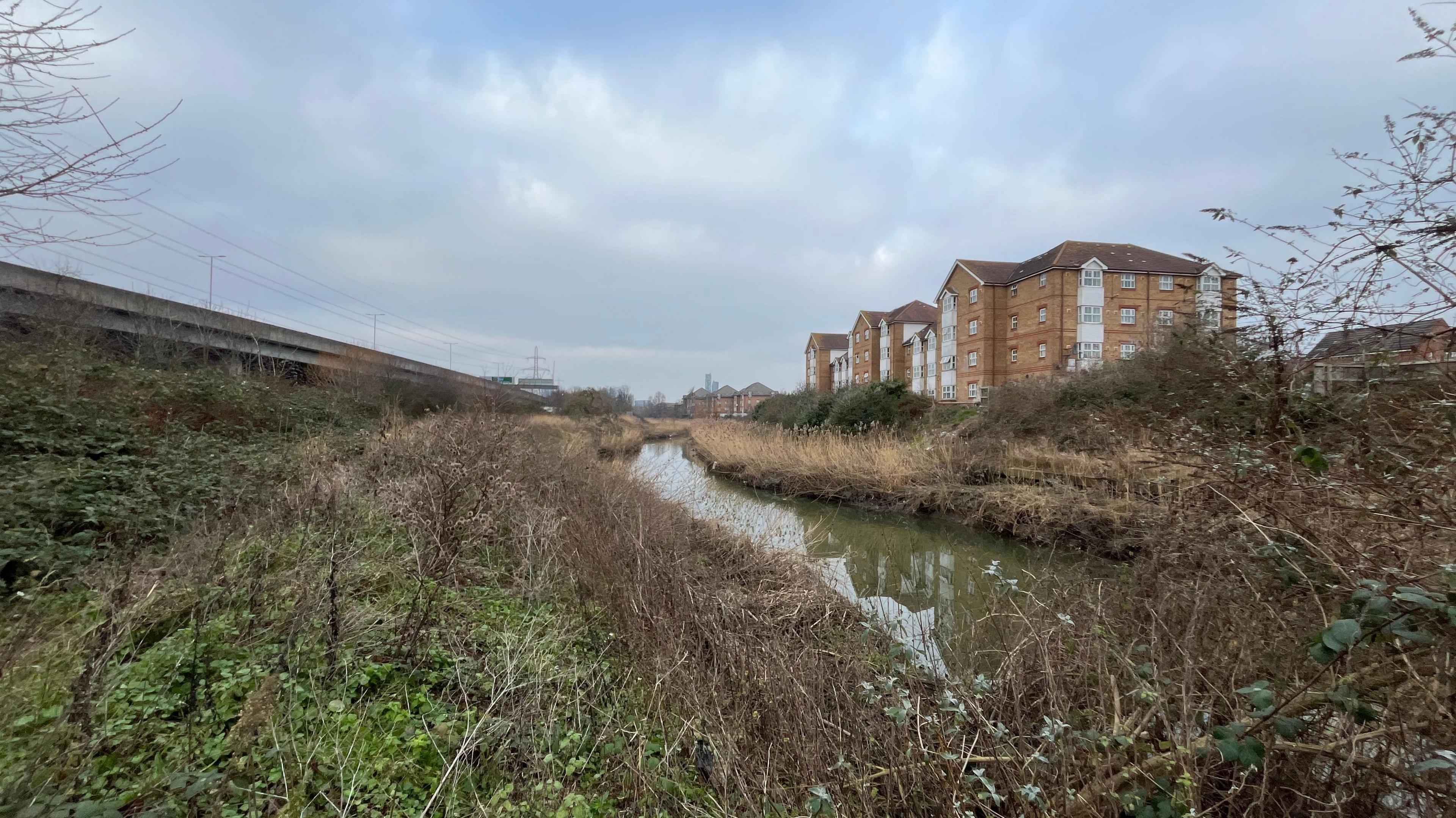 A shot taken from the low ground, showing a river passes between a block of flats on the right-hand side and a fly-over and telephone lines above the section of road. Below the road is some green and brown vegetation. The river is a dull green colour and the block of flats are modern 3 or 4 storeys high, with white panels from the roof to the bottom on some sections and light brown brickwork on the other.