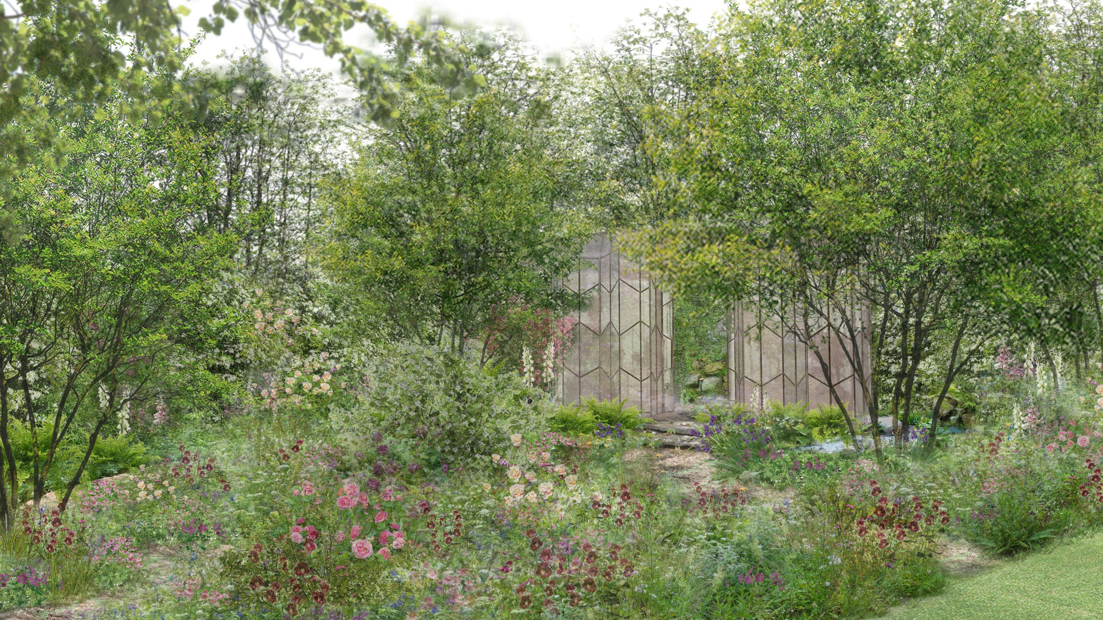 A drawing of a garden. The garden has green plants with red, pink and white flowers, and a structure in the background shrouded by trees.