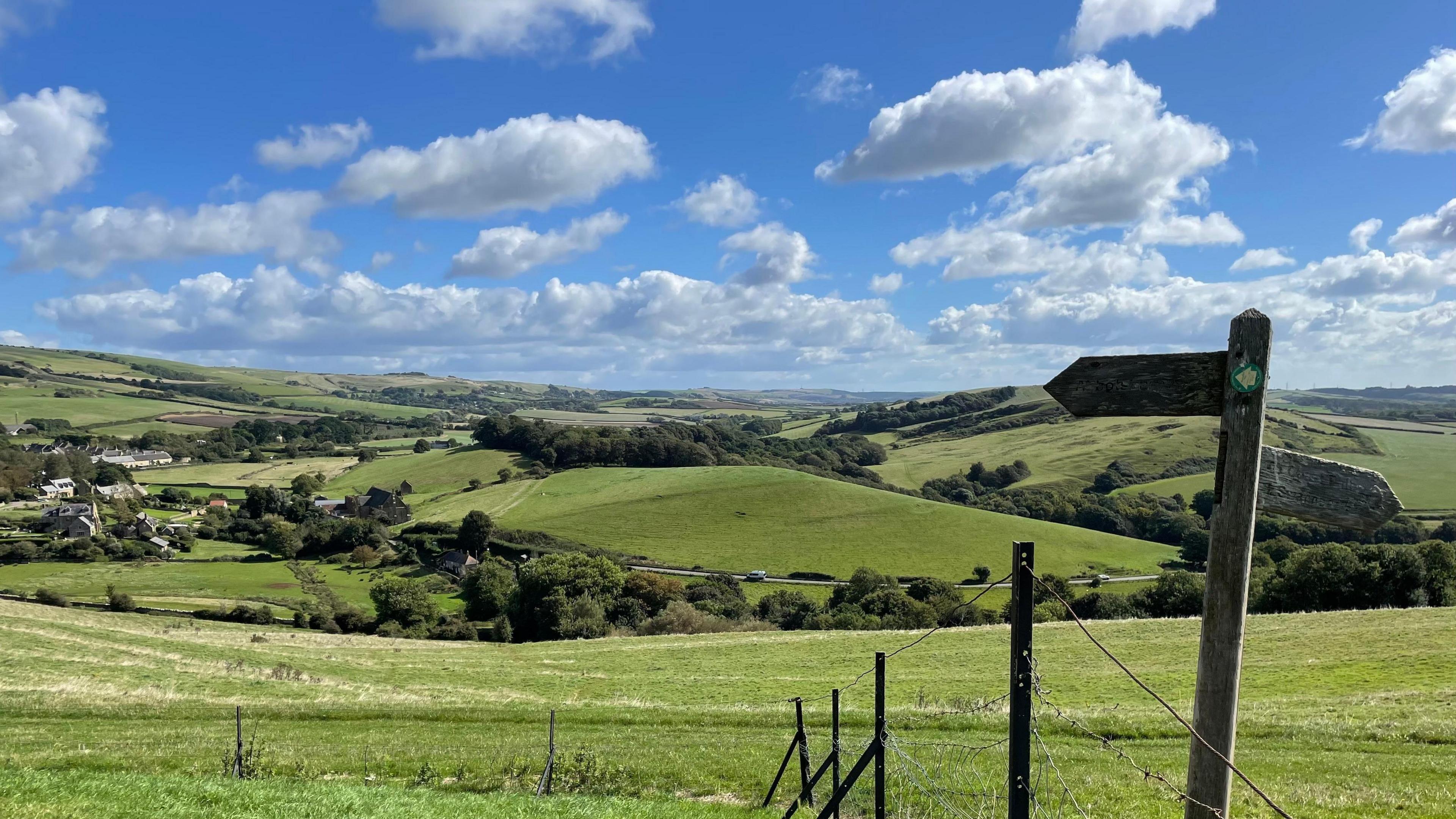 A blank sign post sits at the top of a hill overlooking large green fields in Abbotsbury under a mostly bright blue sky 