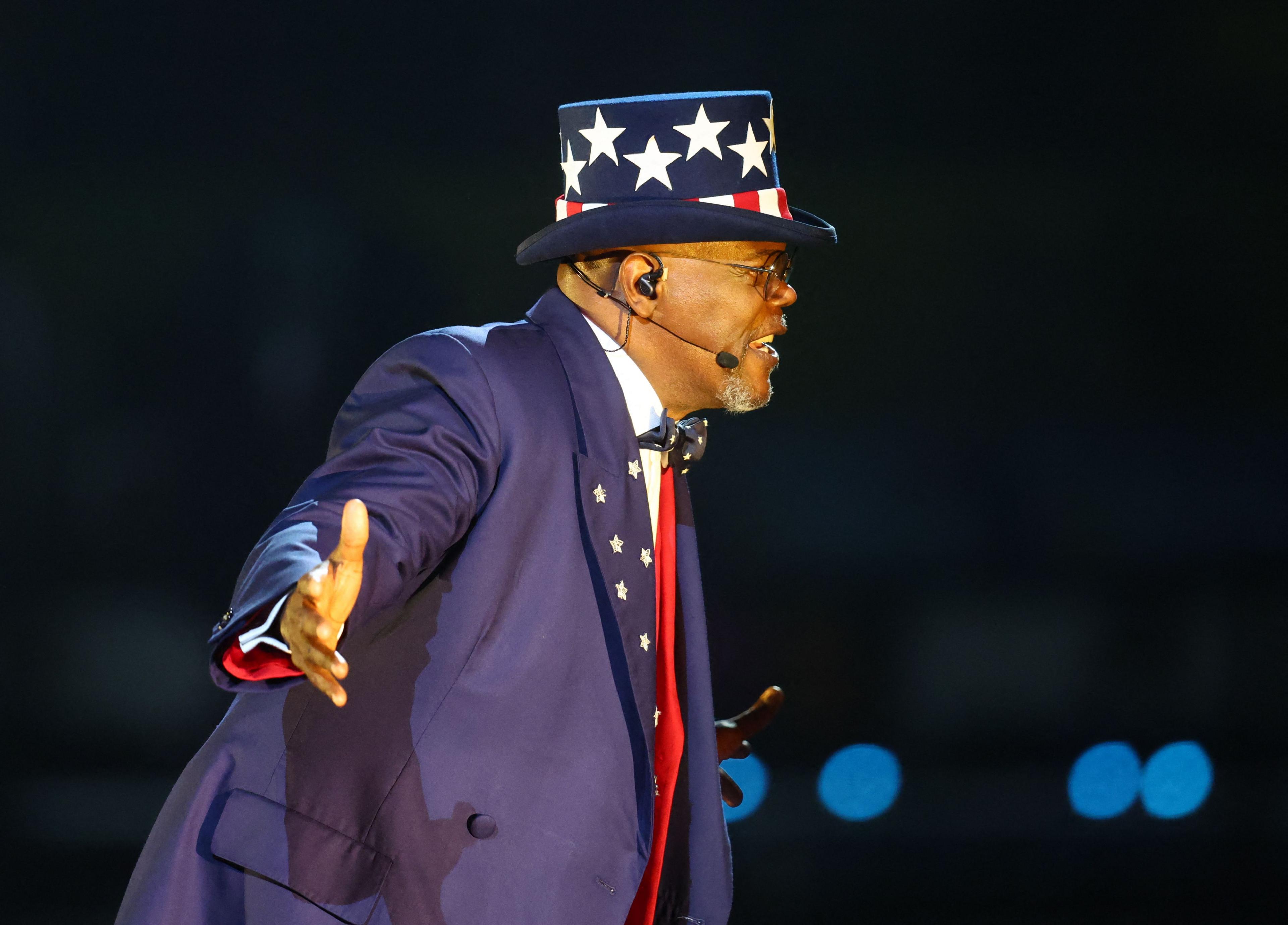 Samuel L Jackson, dresssed as Uncle Sam, during Kendrick Lamar's Super Bowl performance