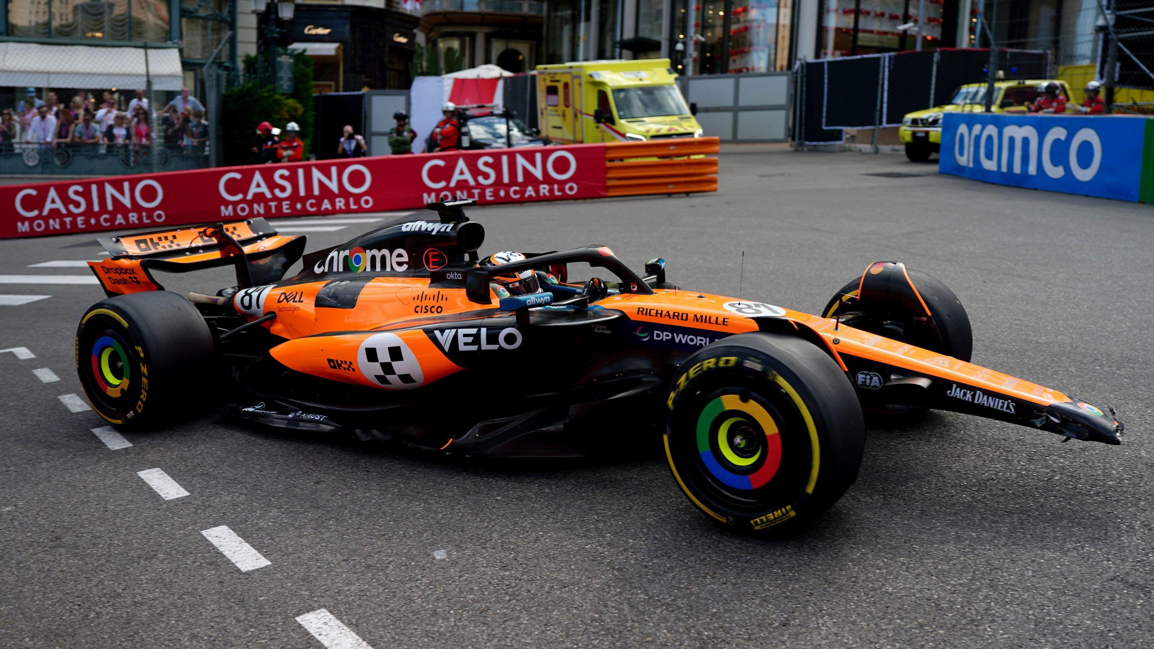 The McLaren of Oscar Piastri with a damaged front wing during Monaco Grand Prix second practice