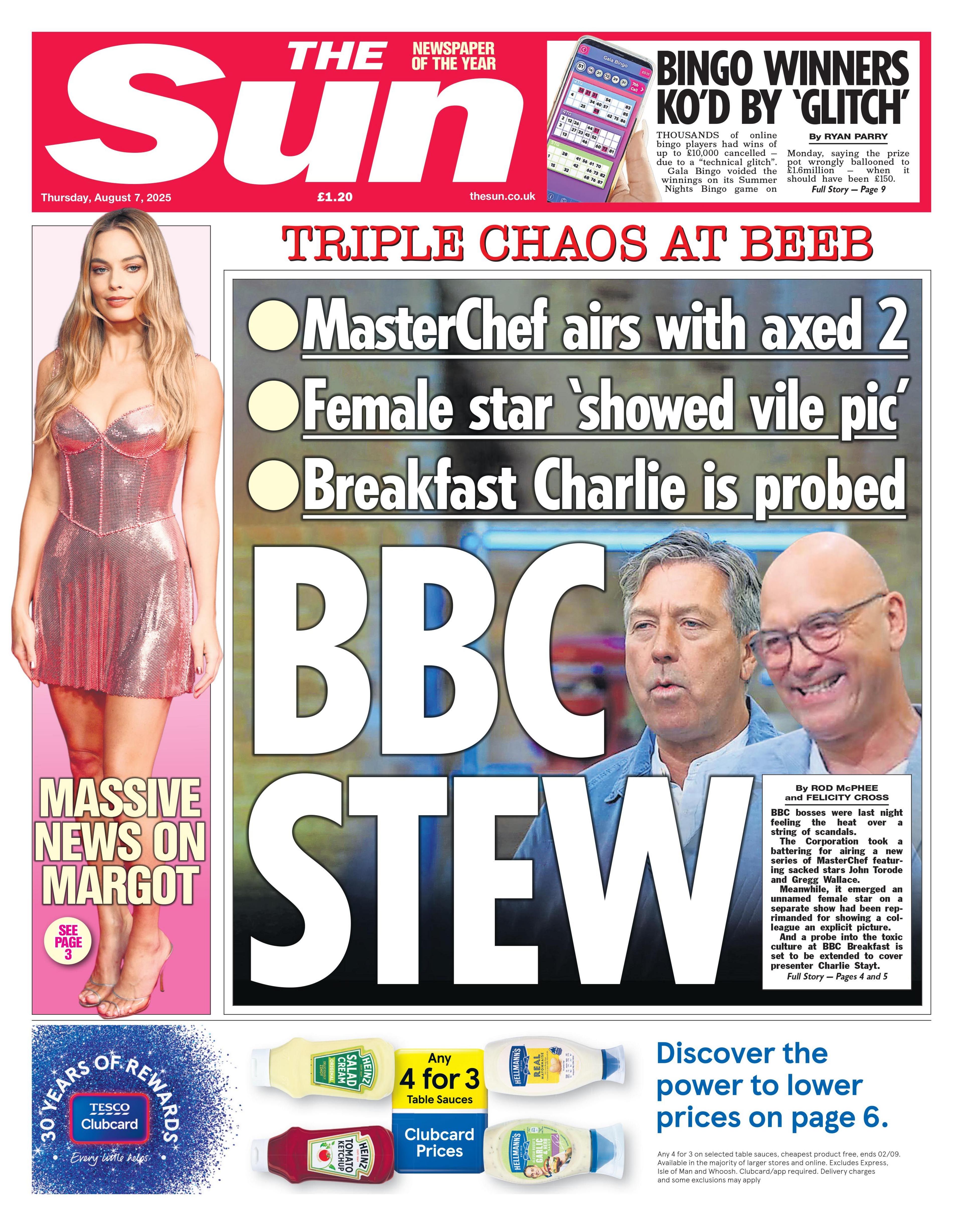 The headline on the front page of the Sun reads: "BBC stew"