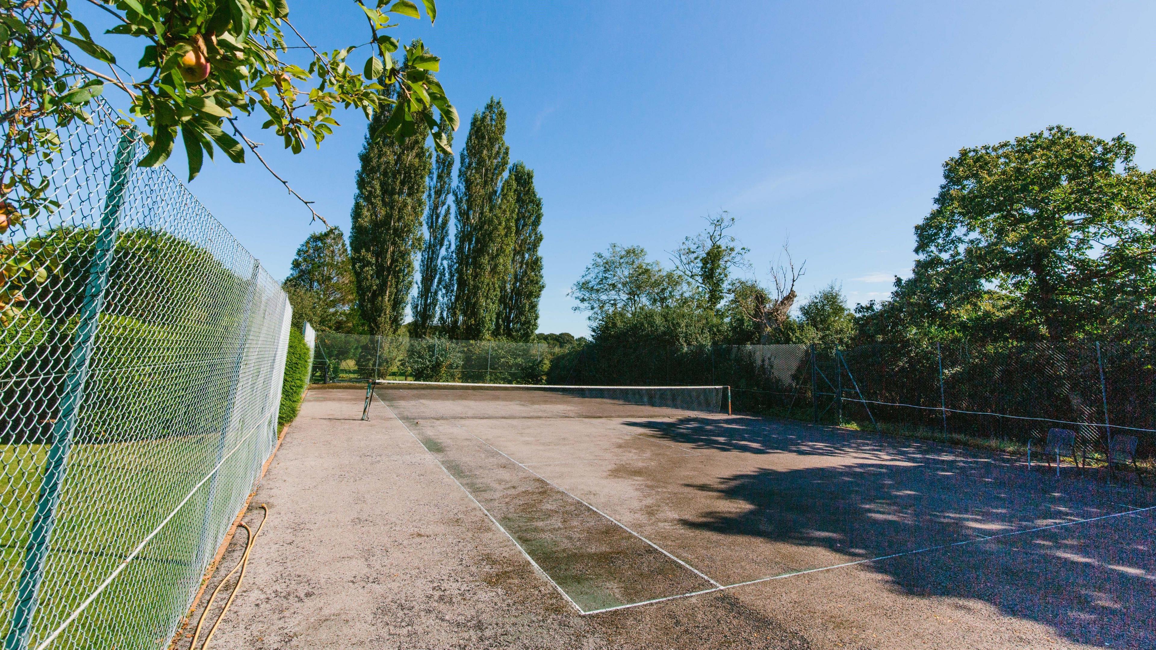 A grass tennis court surrounded by a wire fence and trees. The grass appears brown and dying.