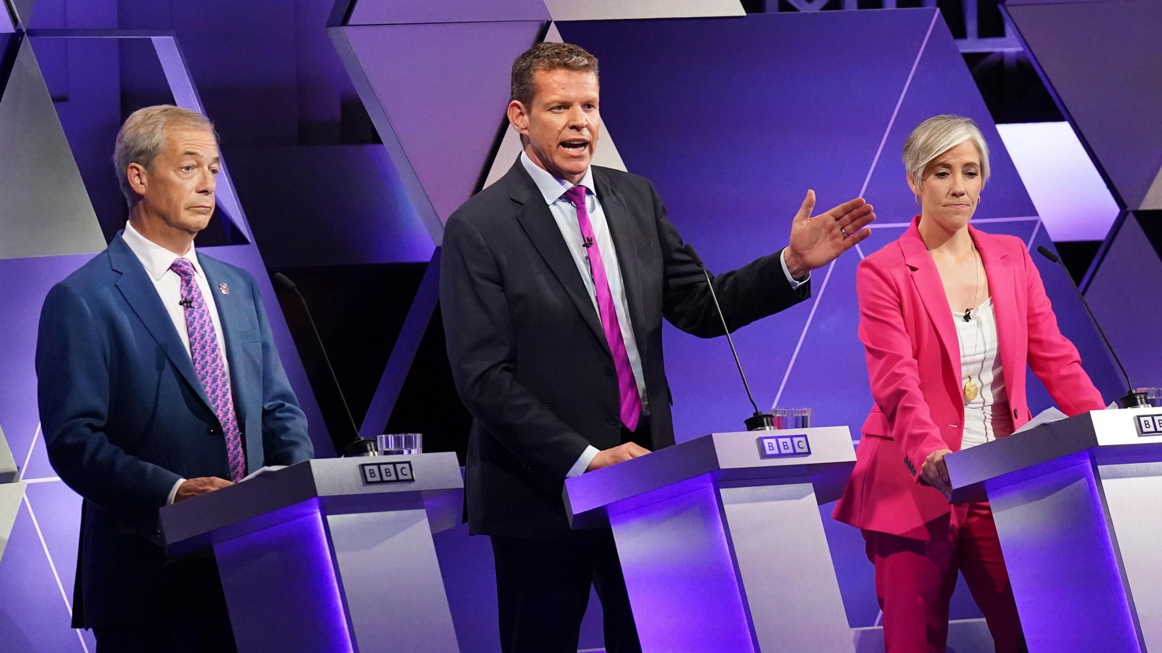 Nigel Farage, Rhun ap Iorwerth a Daisy Cooper