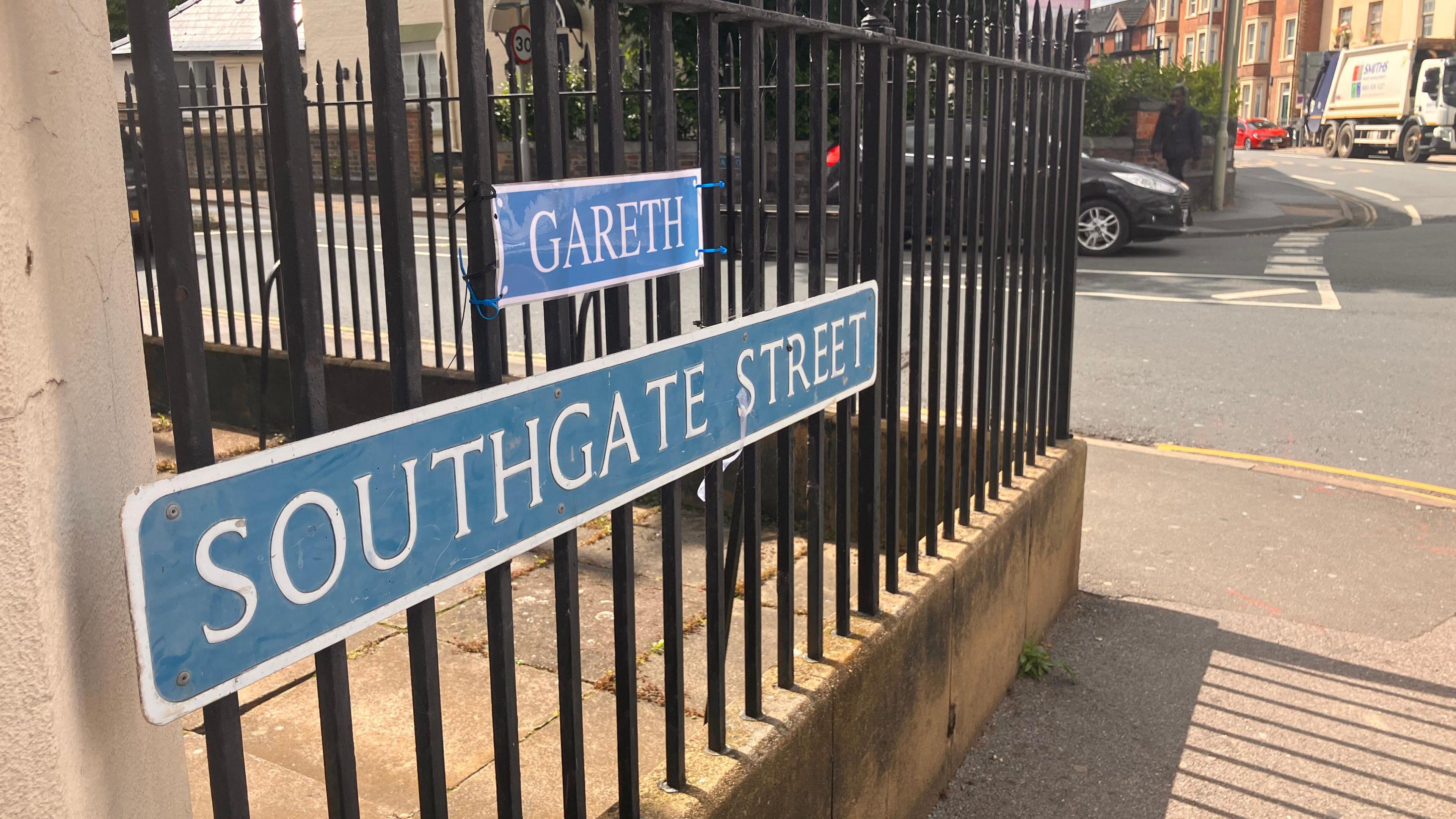 Gareth Southgate Street sign on the corner for Spa Rd in Gloucester