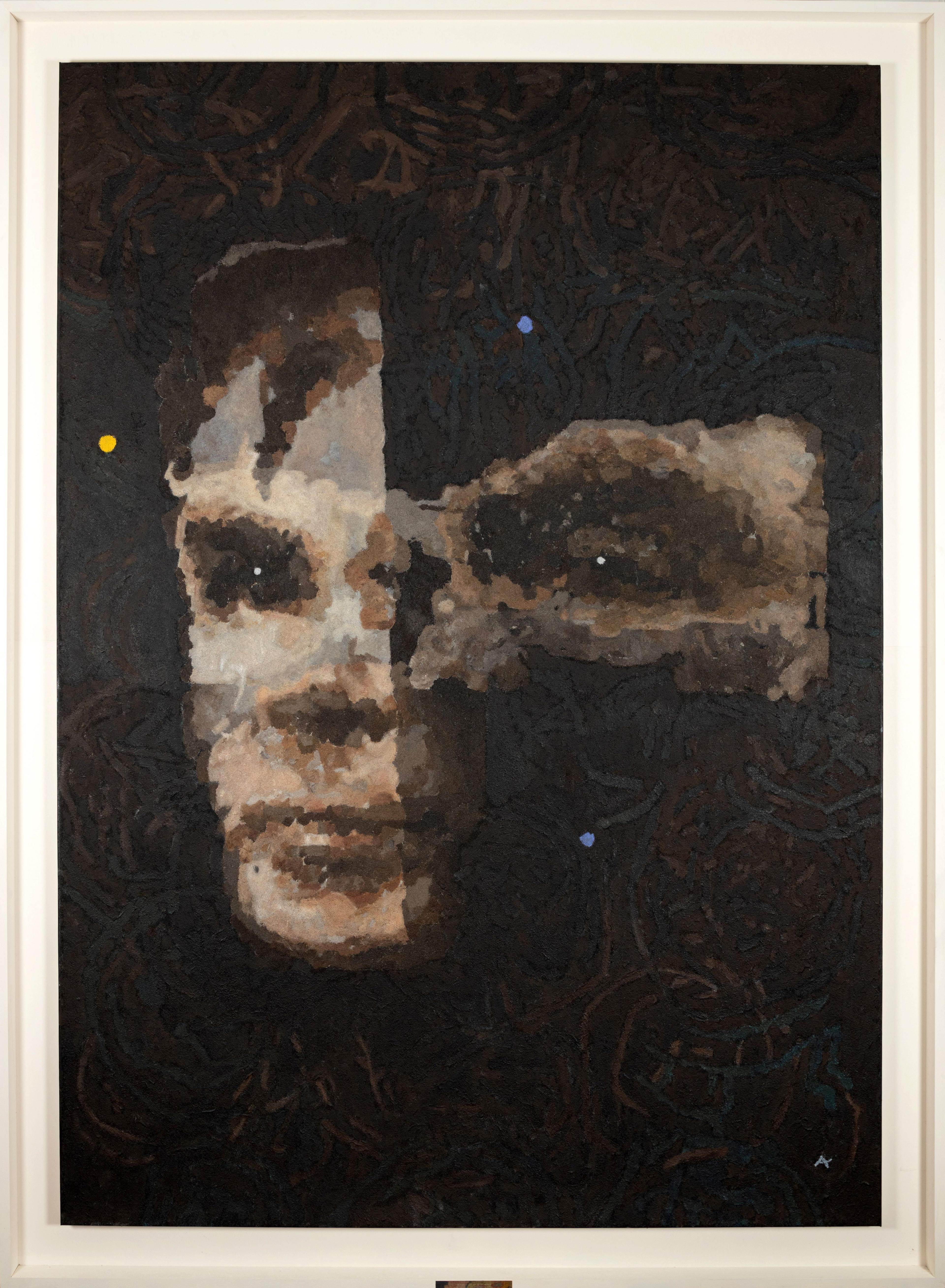 An AI originated portrait of Alan Turing, it shows is face, focusing on his eyes. The colours are dark, mainly in beige, browns and blacks. There is one small yellow dot to the left of his face and two blues ones above and below his eyes on the right.