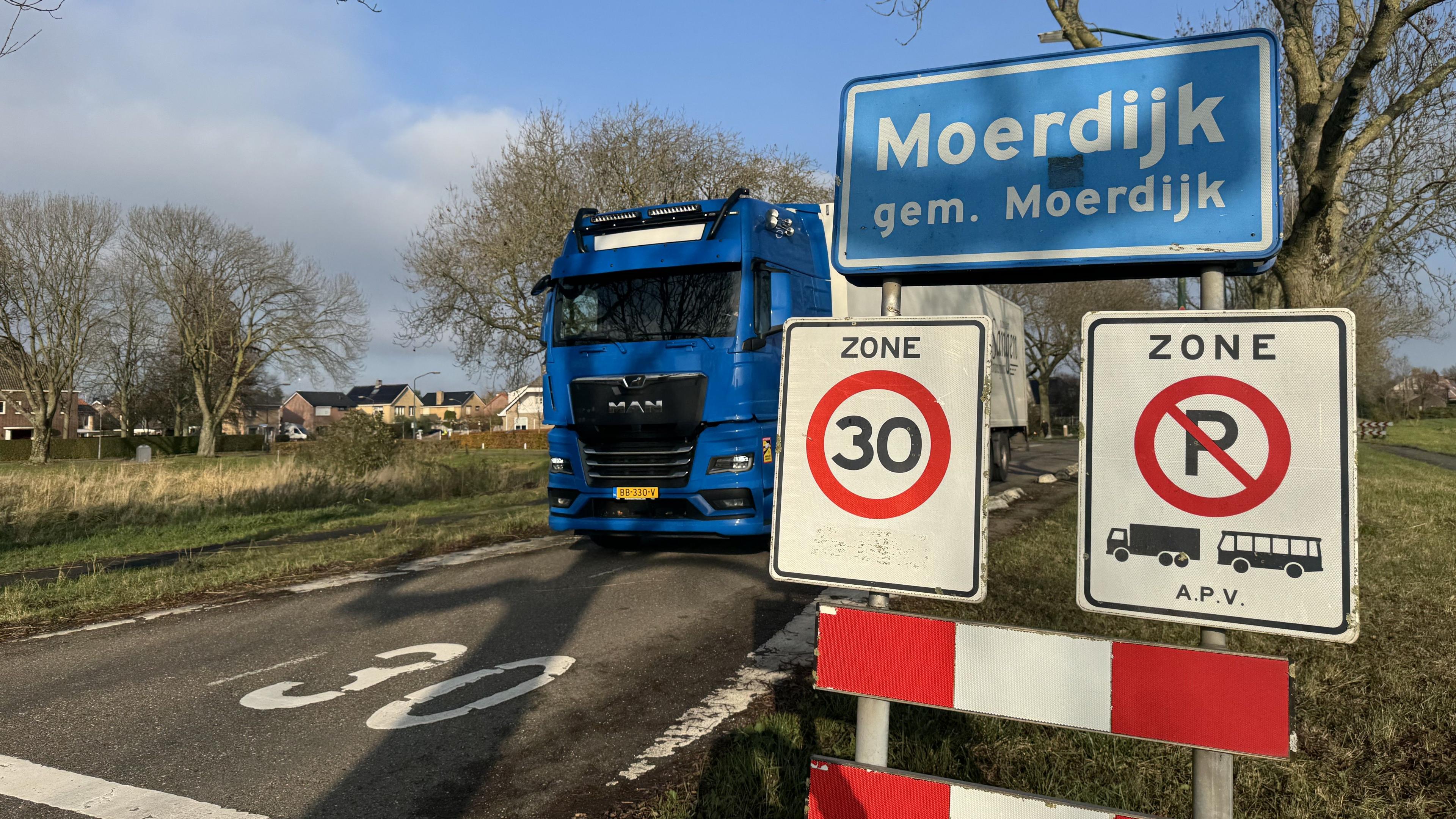 A lorry driving out of the Dutch village of Moerdijk