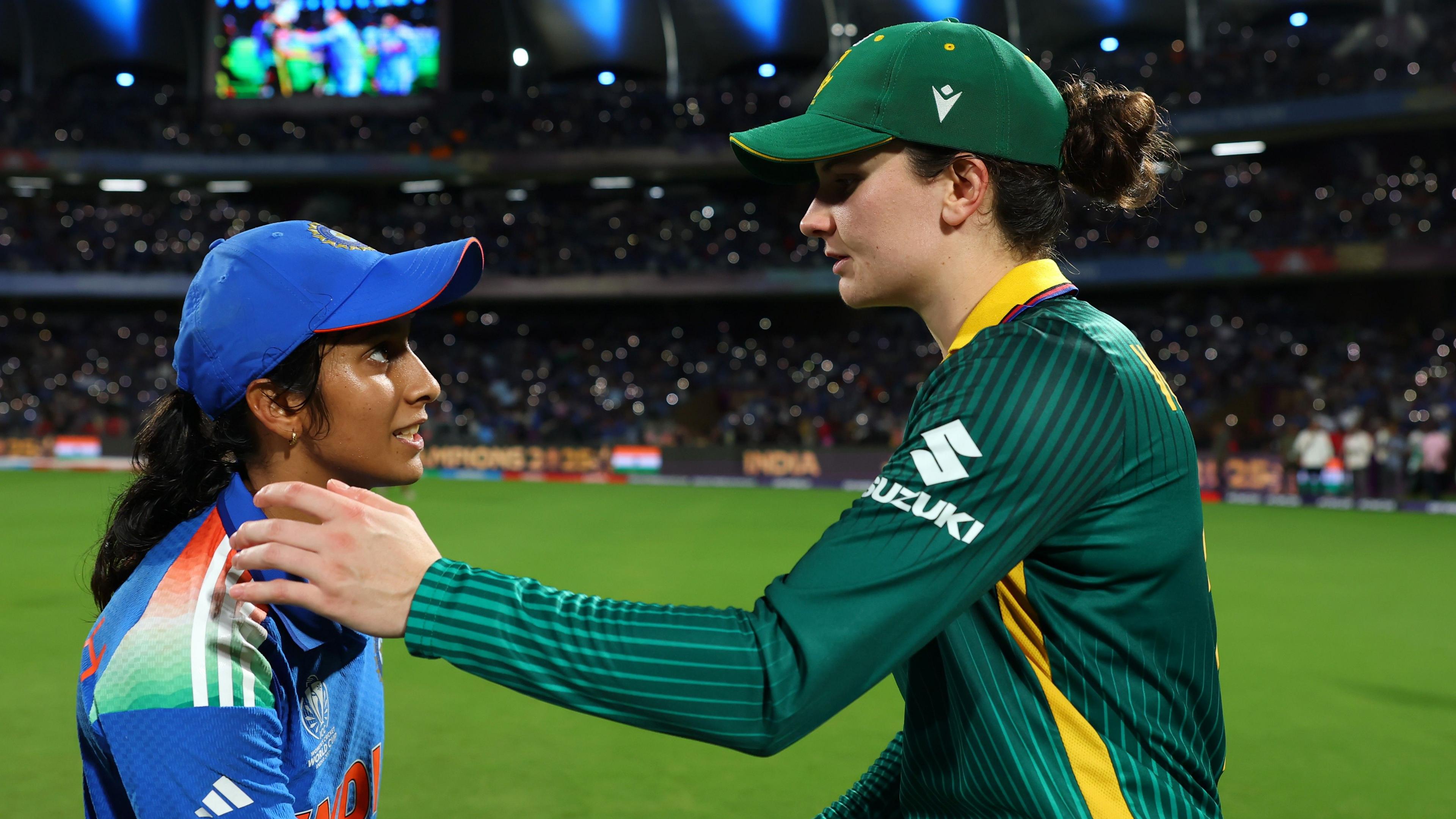 Jemimah Rodrigues and Laura Wolvaardt embrace at the Women's World Cup
