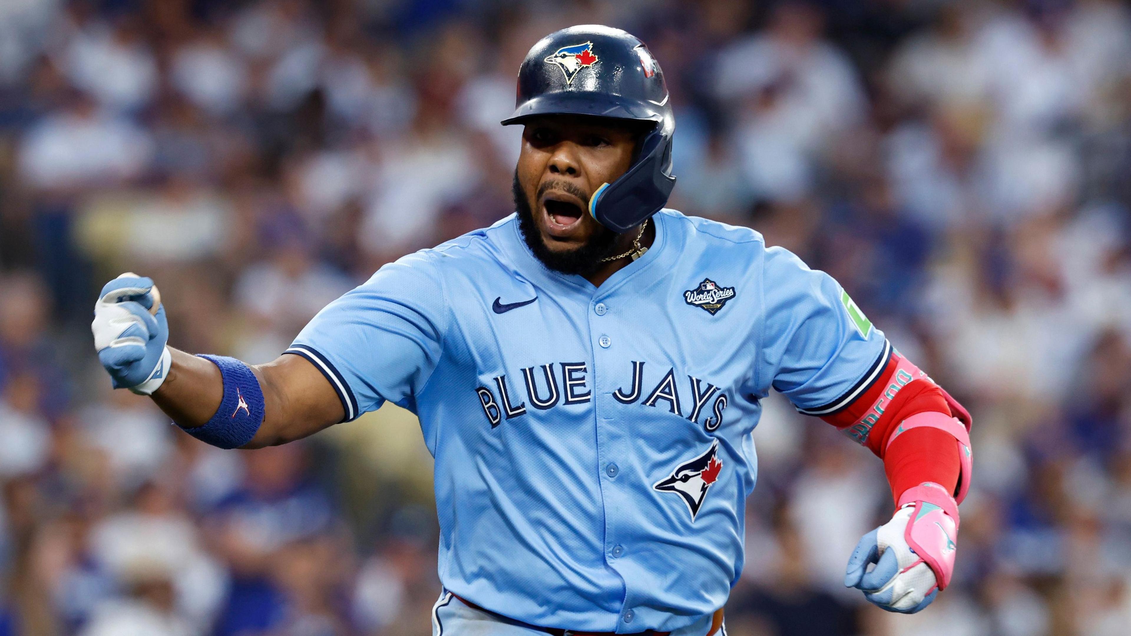 Toronto Blue Jays first baseman Vladimir Guerrero Jr celebrates after hitting his home run in the third inning