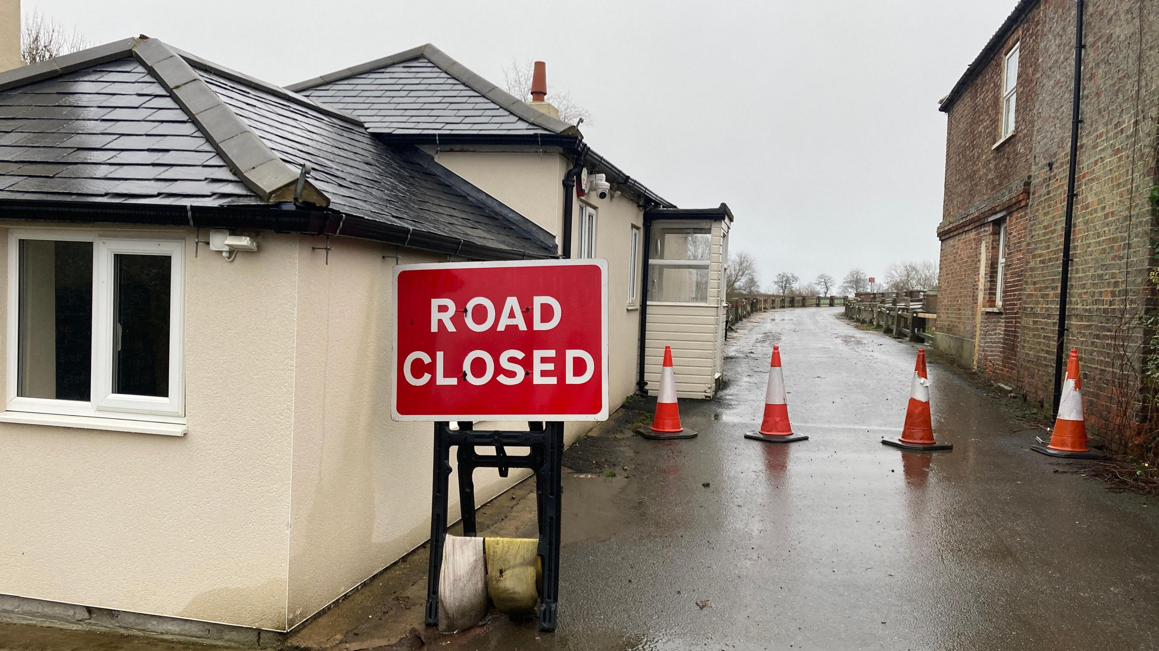 Road Closed sign and bollards