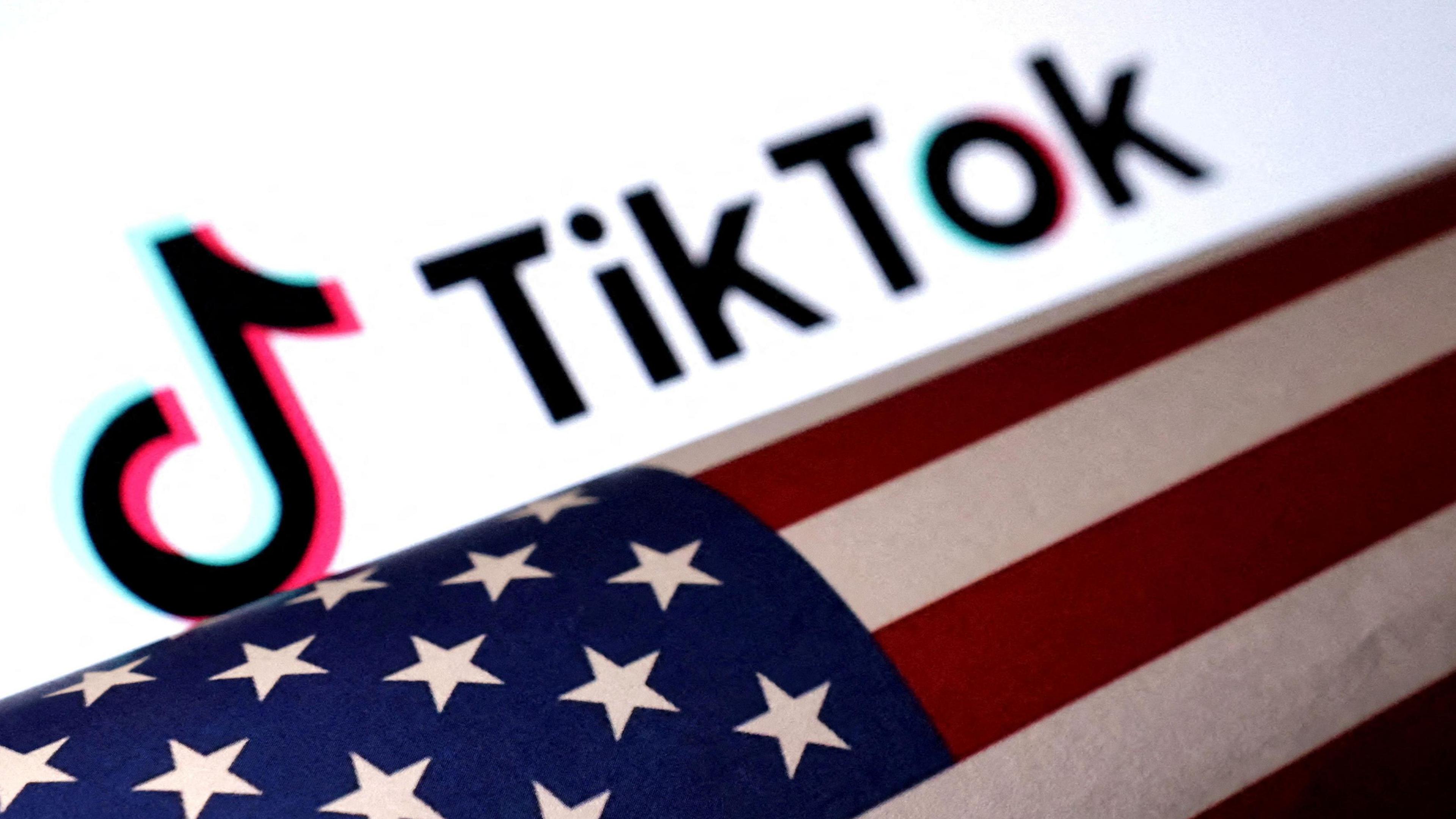 Illustration shows the TikTok logo on a white background, with the American flag below it.