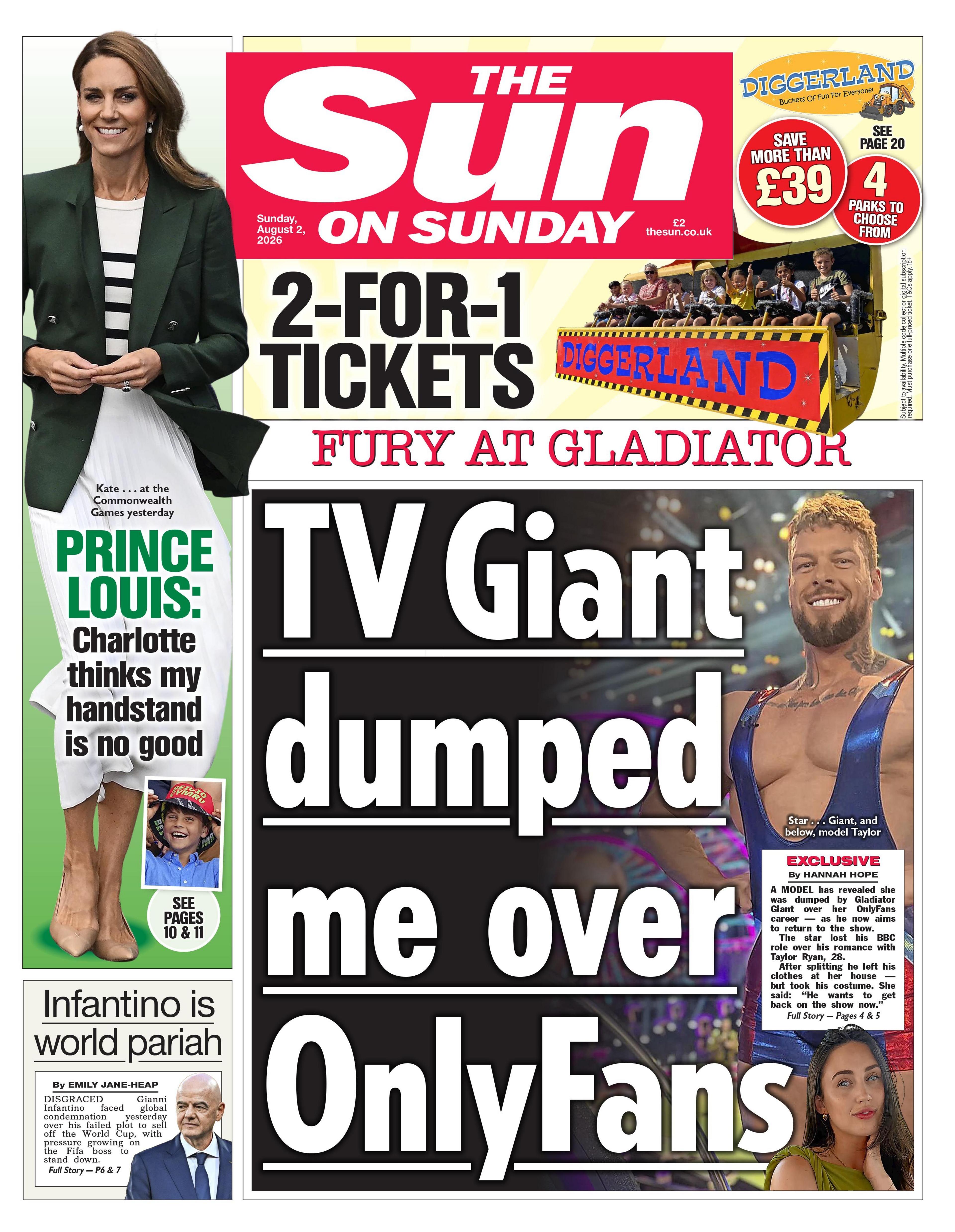 The headline on the front page of the Sun on Sunday reads: "TV Giant dumped me over OnlyFans."