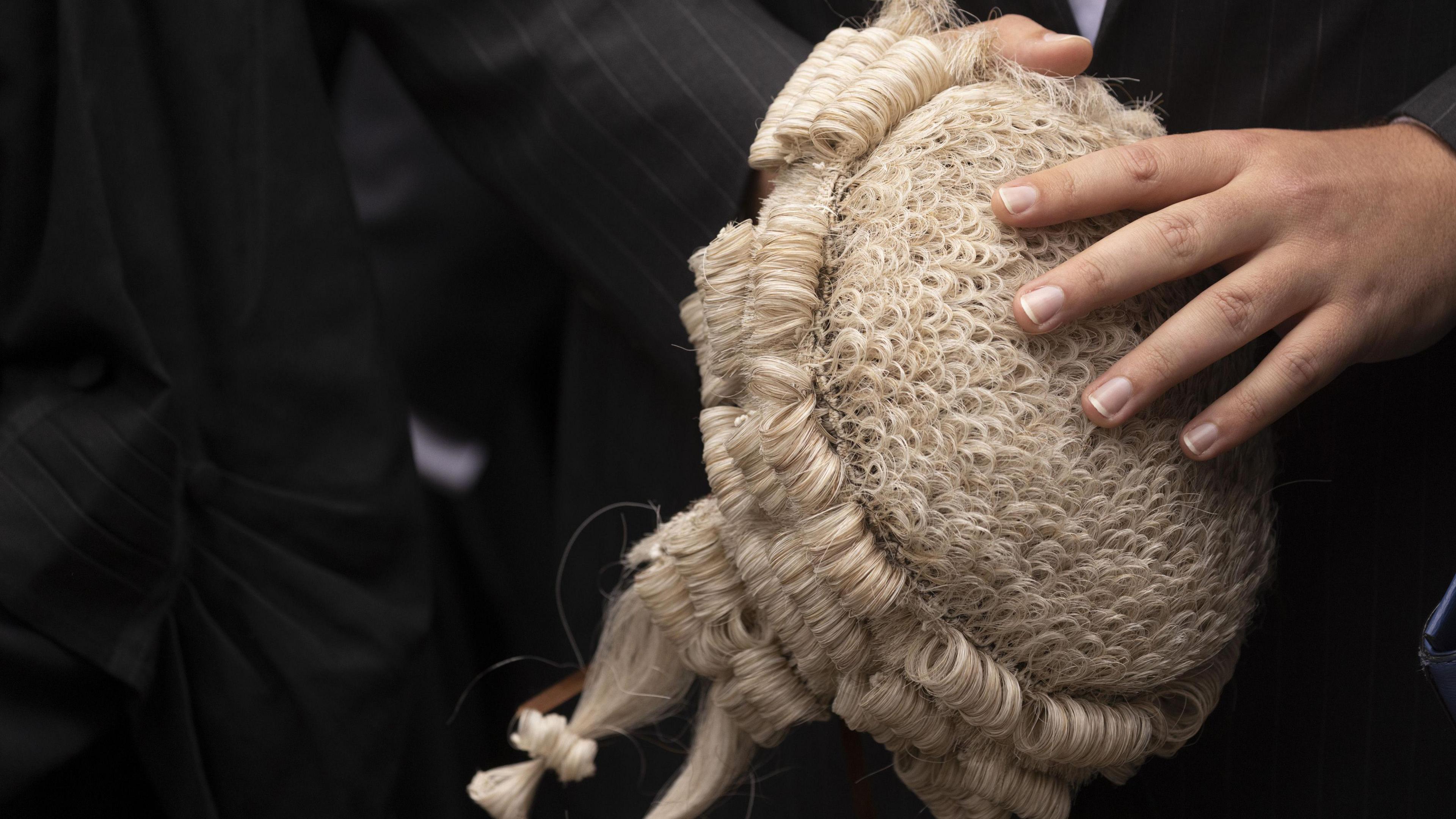 A barrister wearing a dark and white striped suit holds a white wig