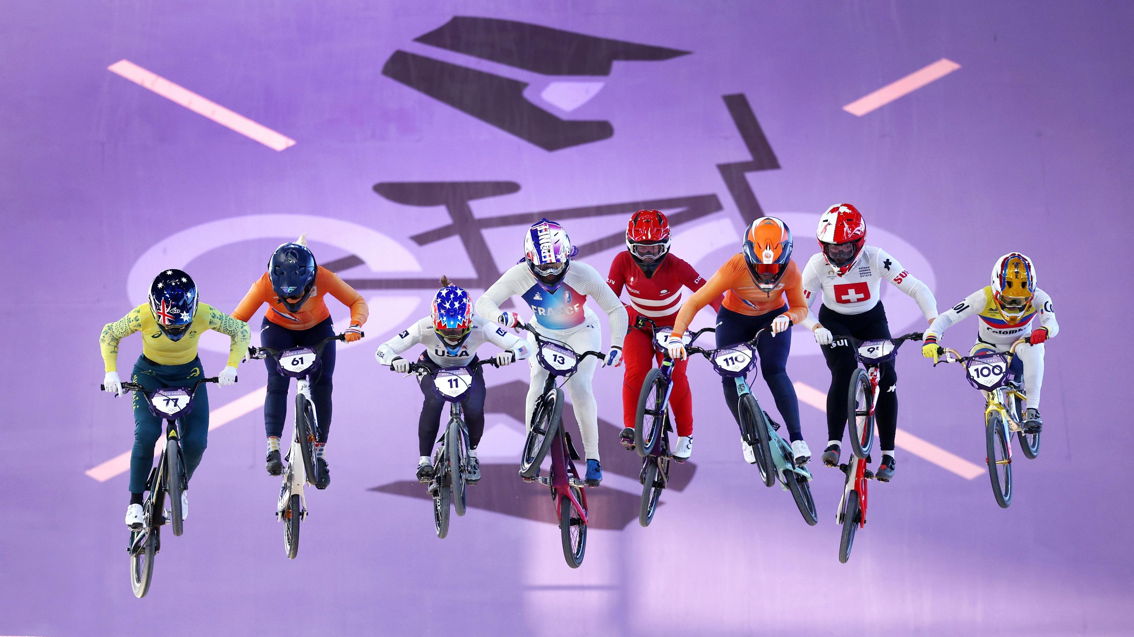 Riders compete in the women's BMX racing semi-finals at the Paris 2024 Olympics