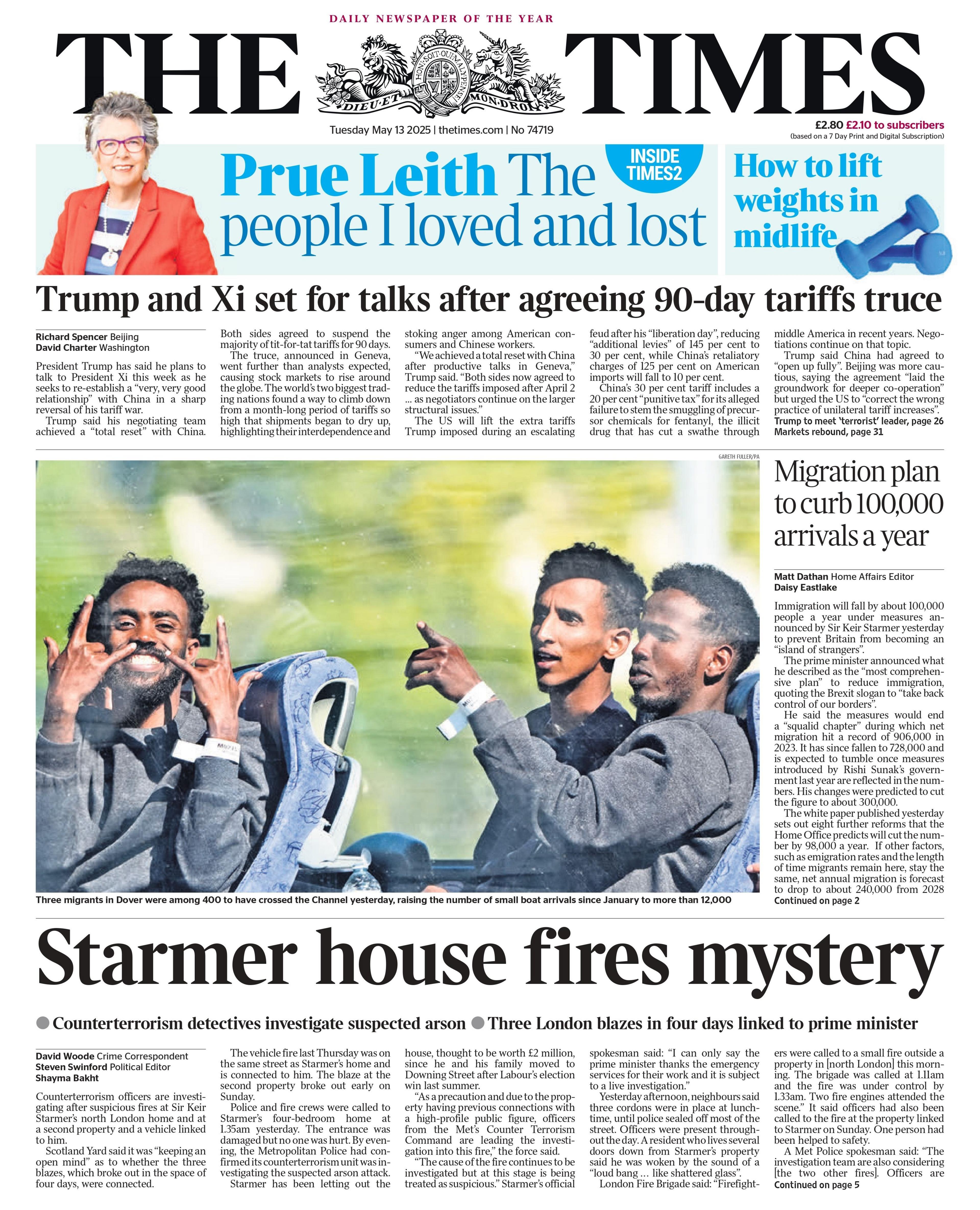 The headline of The Times reads: "Starmer house fires mystery."
