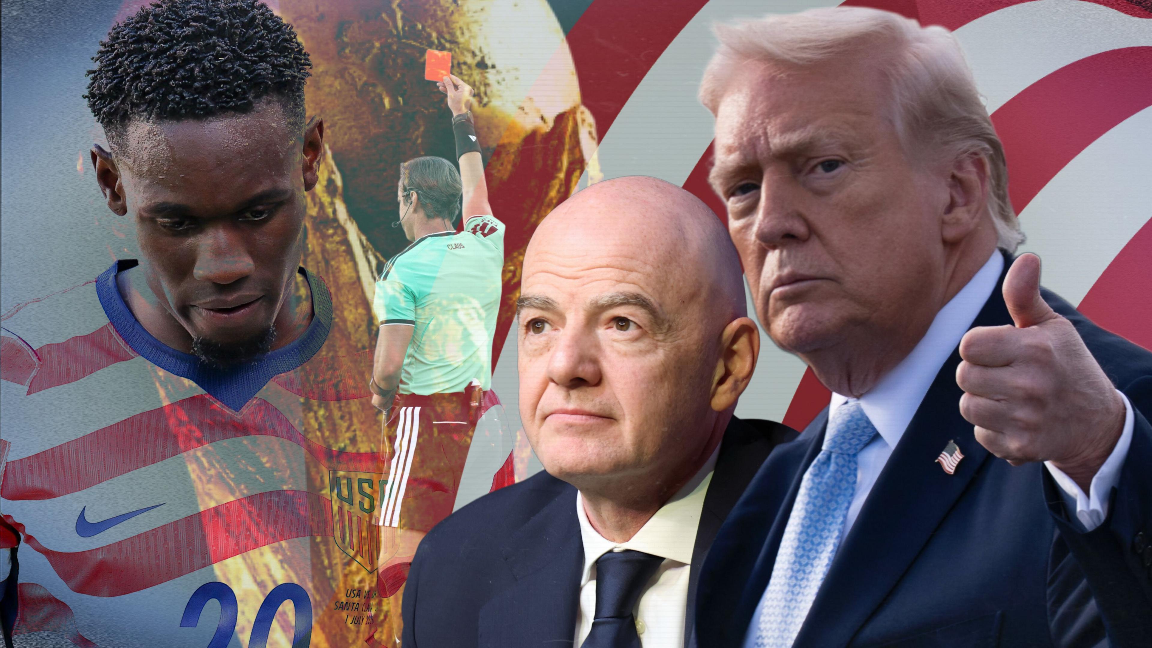 A composite image with the World Cup and US stripes in the background with Folarin Balogun with his head bowed after receiving a red card, the ref distributing the red card, Fifa president Gianni Infantino and US President Donald Trump with his thumb up.
