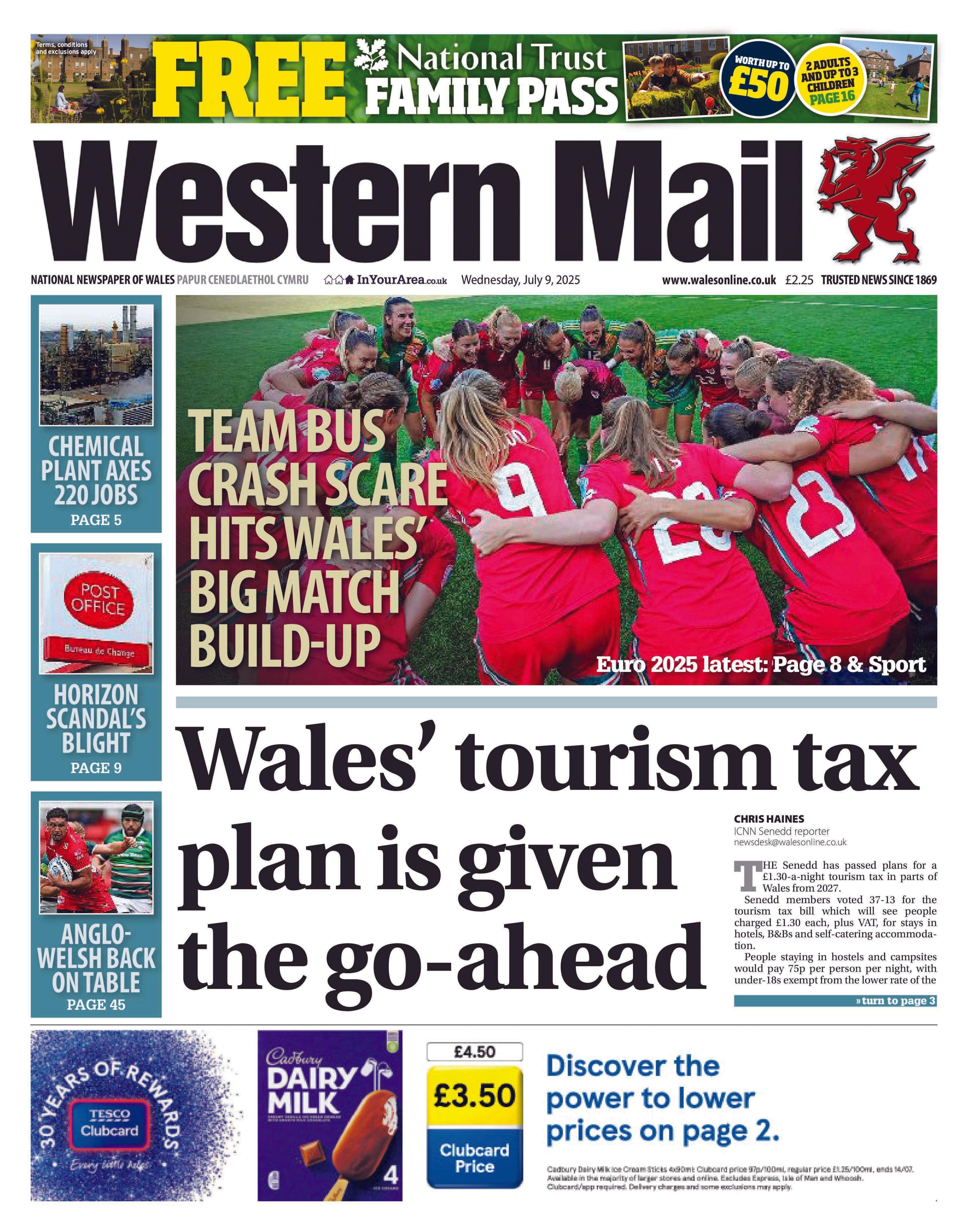 Western Mail front page with headline Wales tourism tax given the go-ahead and image of Wales women's football team in a huddle on the pitch in red kit with headline team bus crash scare hits Wales' big match build-up